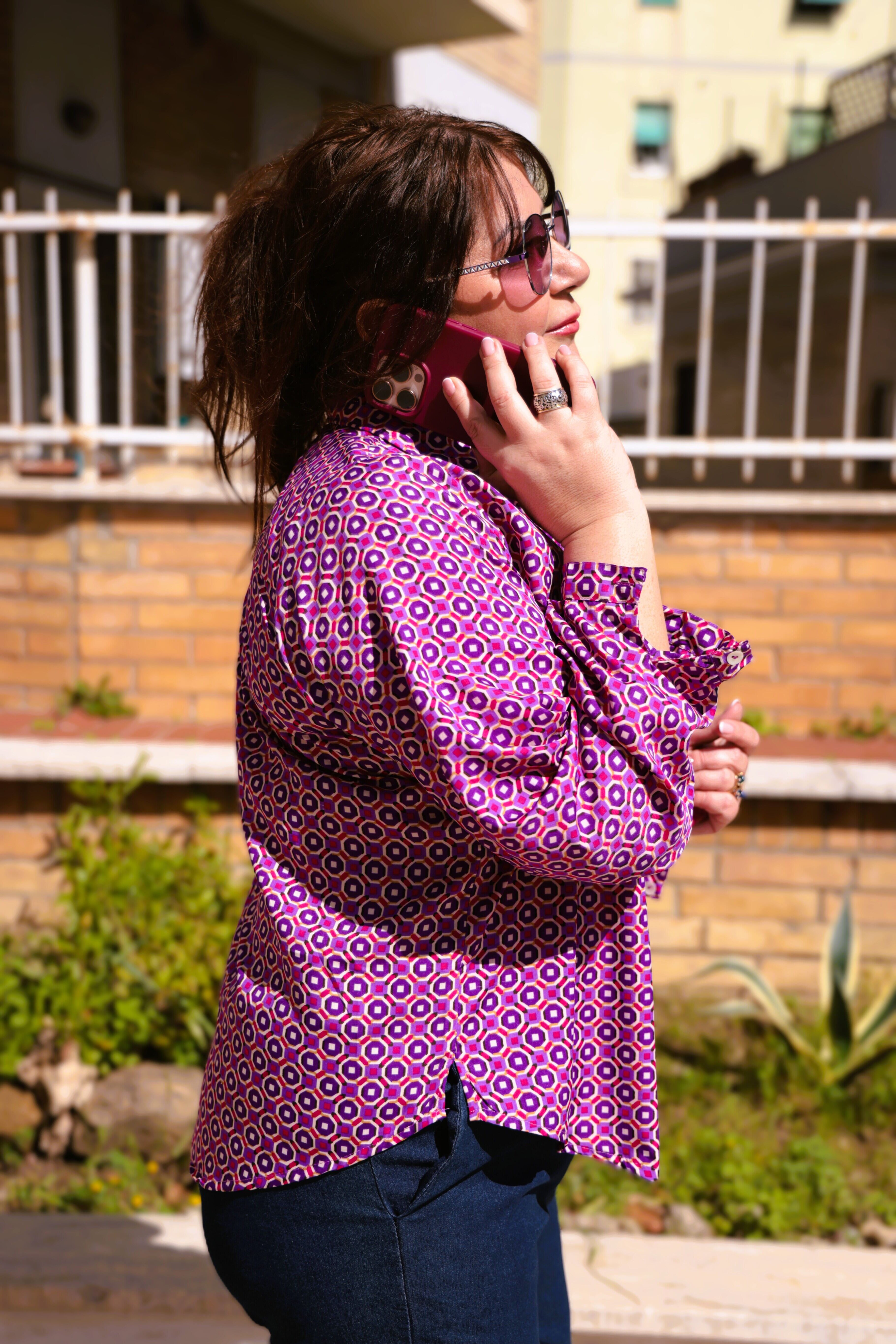 Camicia seta fantasia minigeometrie ciclamino e viola