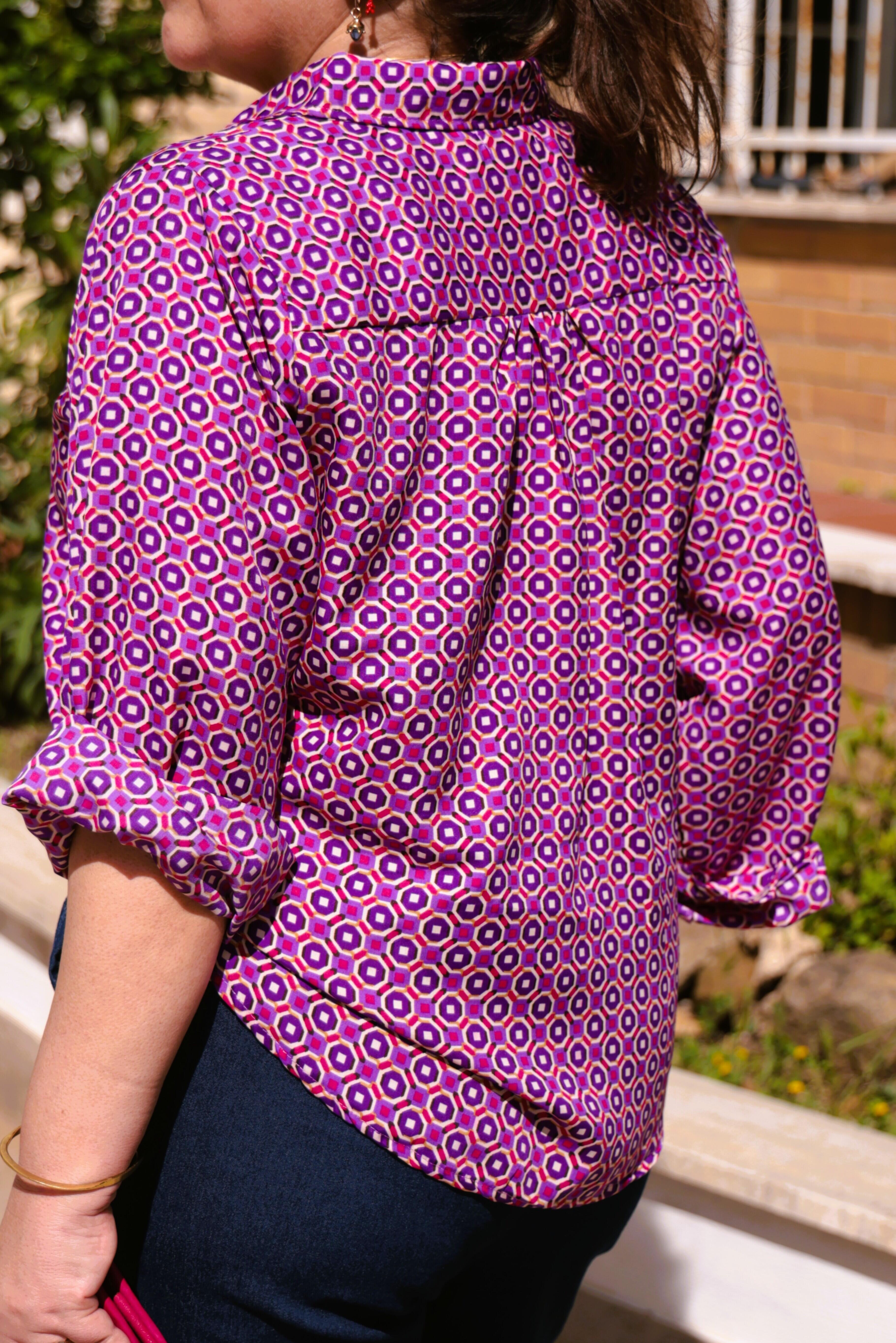 Camicia seta fantasia minigeometrie ciclamino e viola