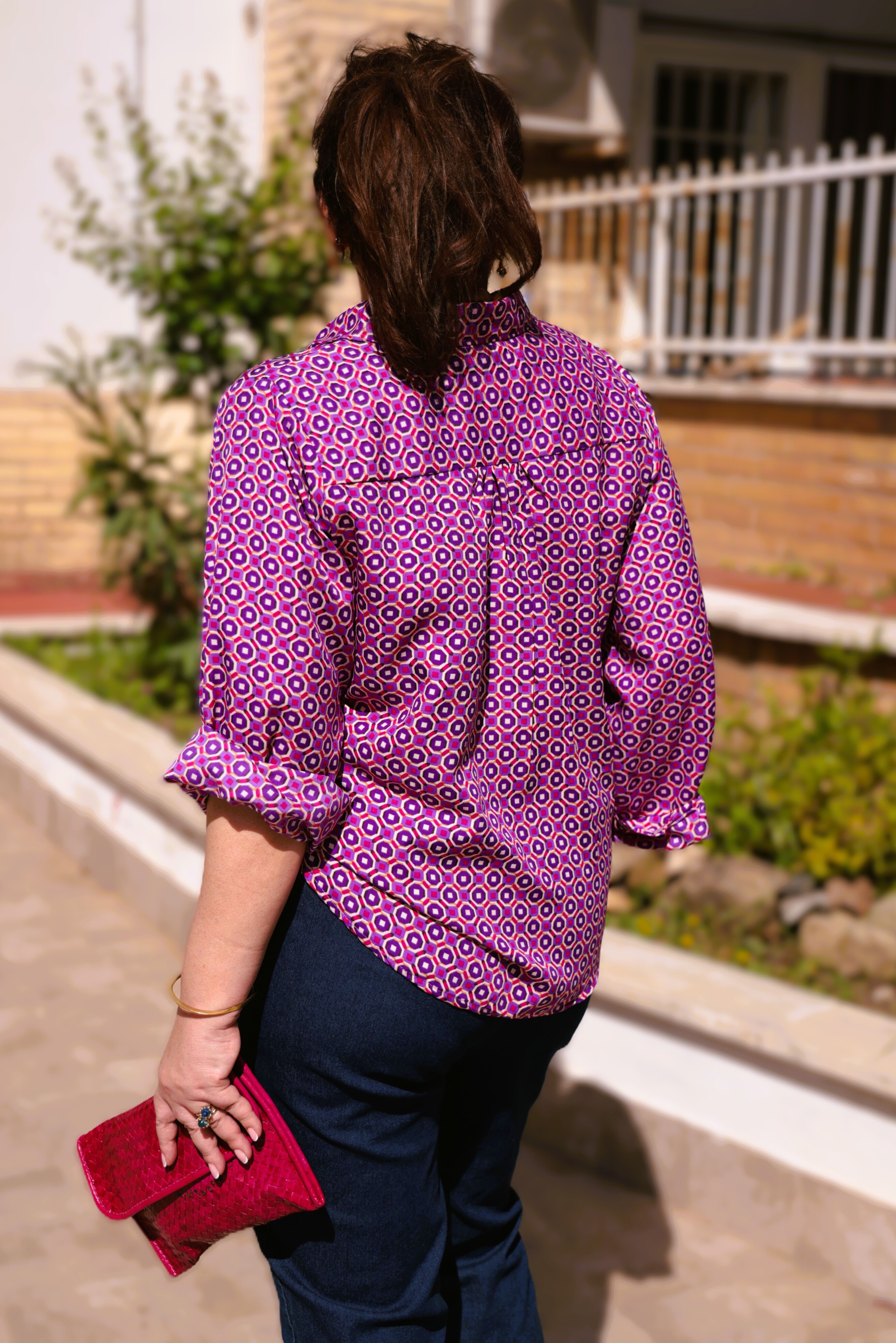 Camicia seta fantasia minigeometrie ciclamino e viola