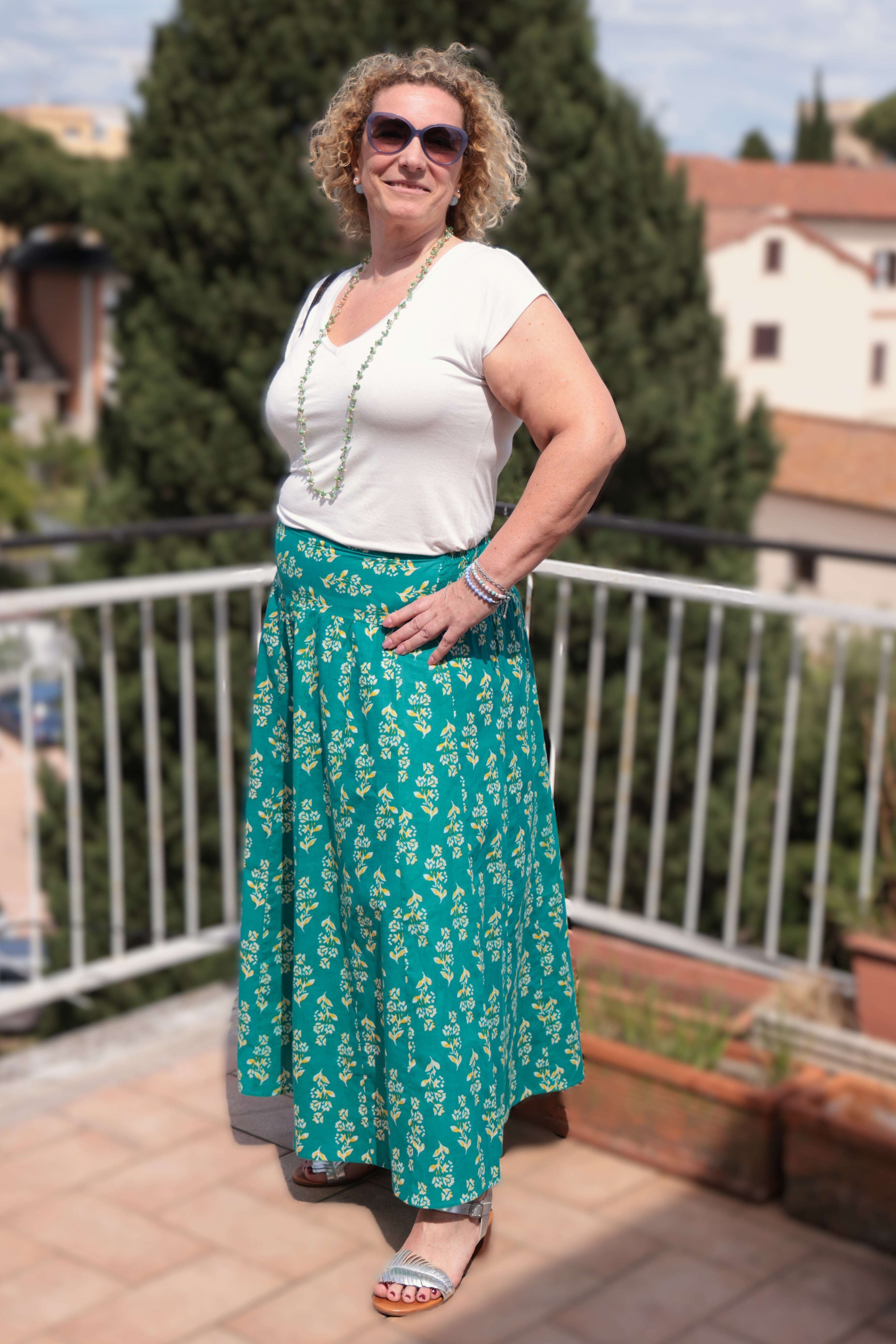 Gonna lunga Tessimete cotone estivo coore bianco e verde acqua fantasia