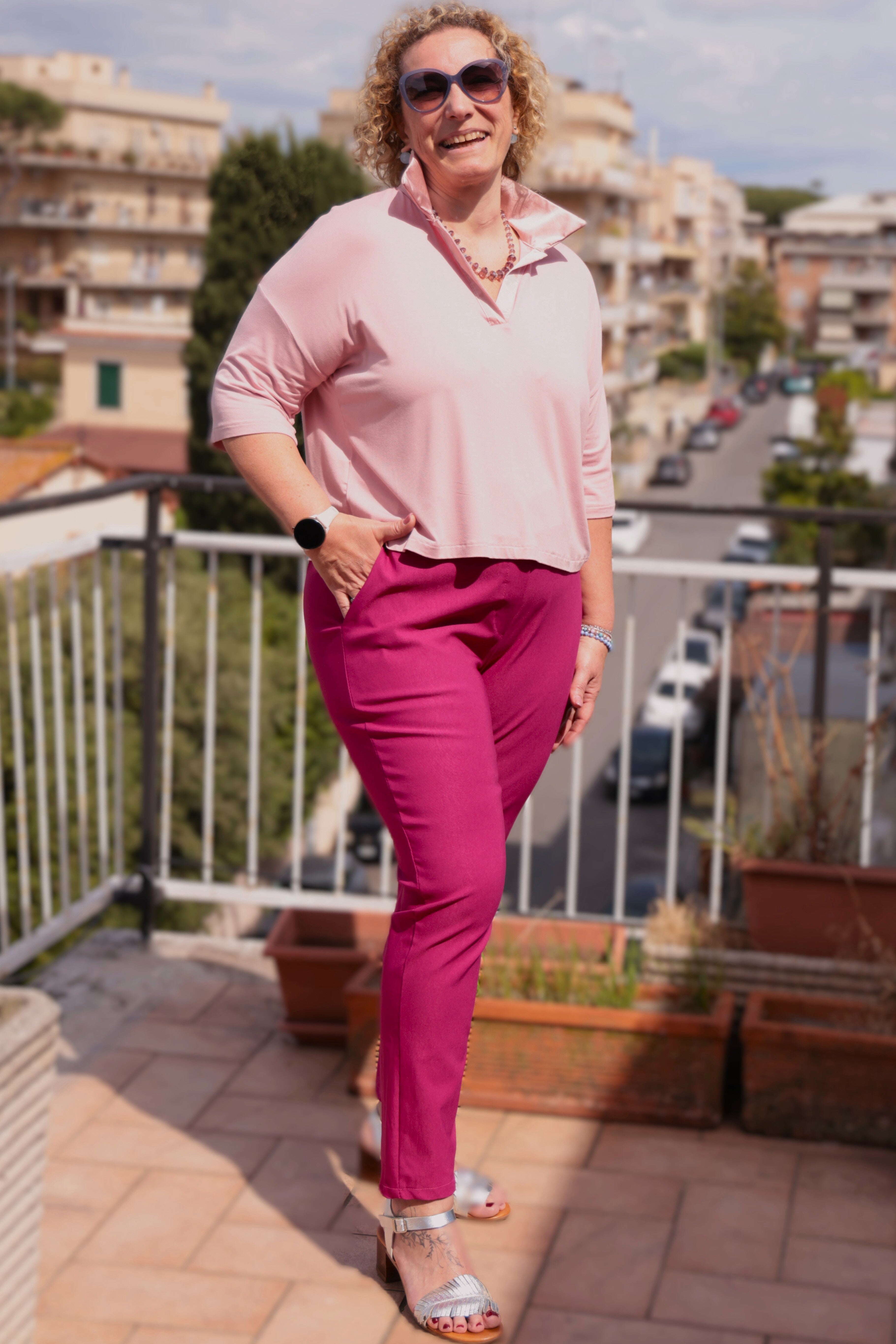 Pantalone Comfly colore ciclamino in tecno viscosa bi-stretch