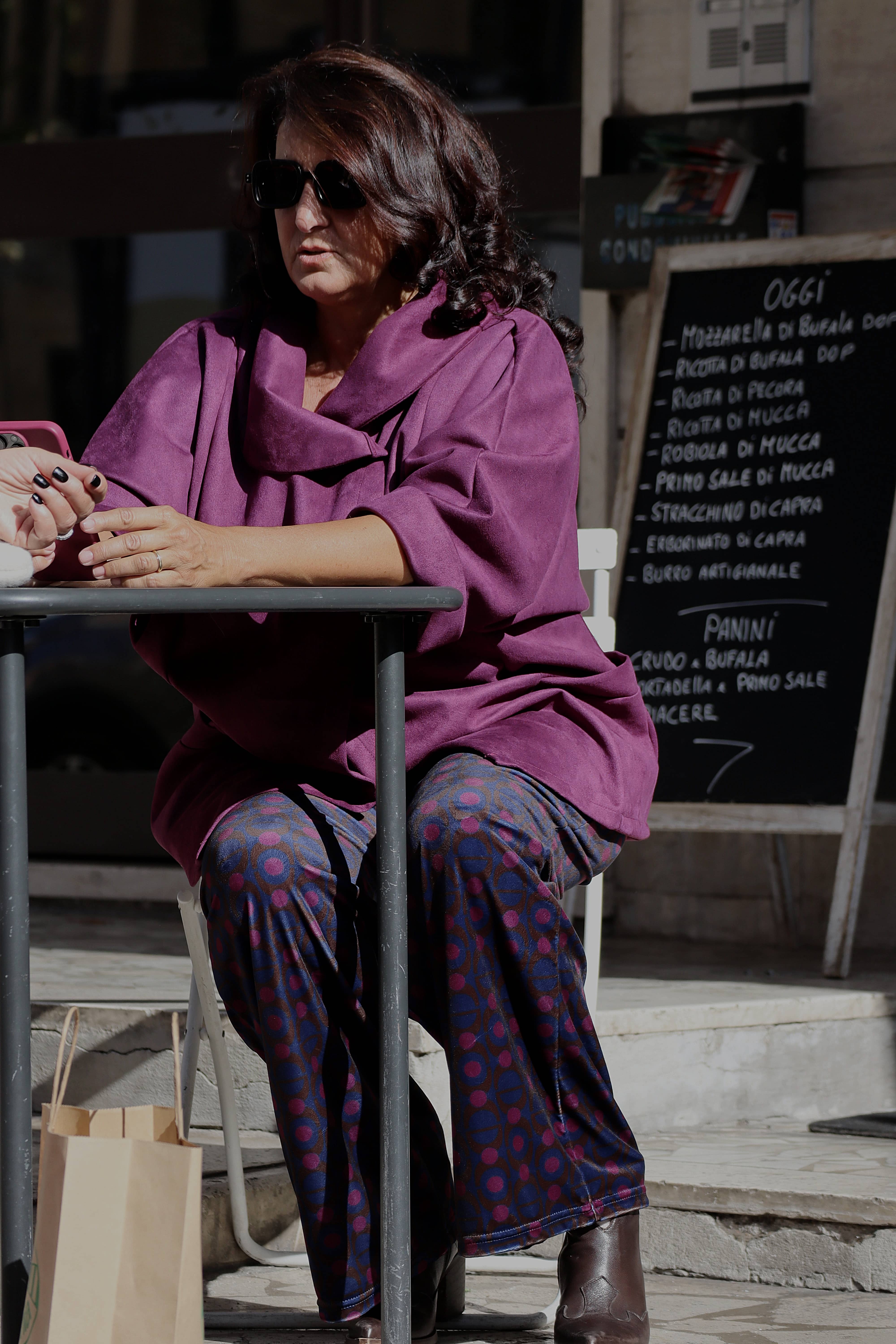 Pantalone Velvet Geometrie pois marrone & melanzana (jersey vellutina)