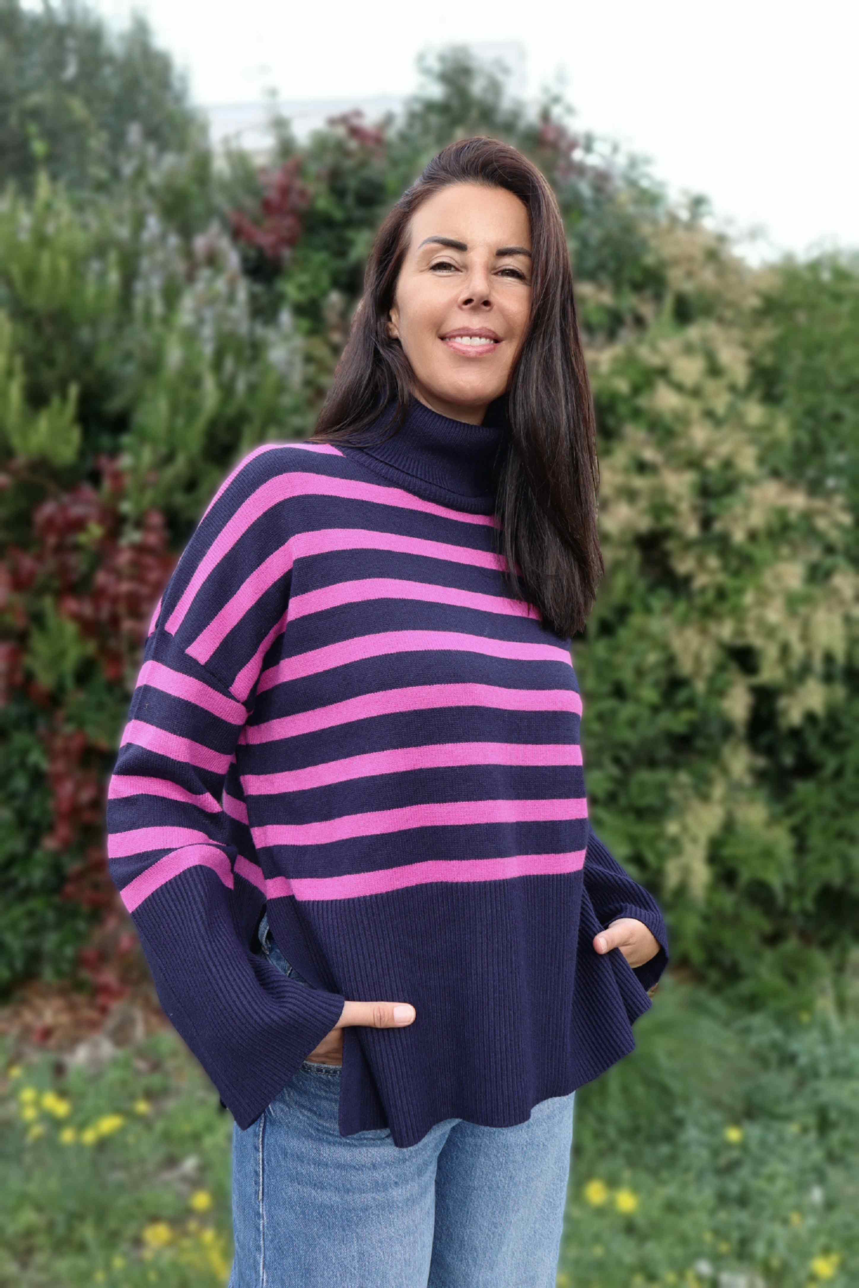 Winter Waves Sweater with Blue and Cyclamen Stripes (viscose)