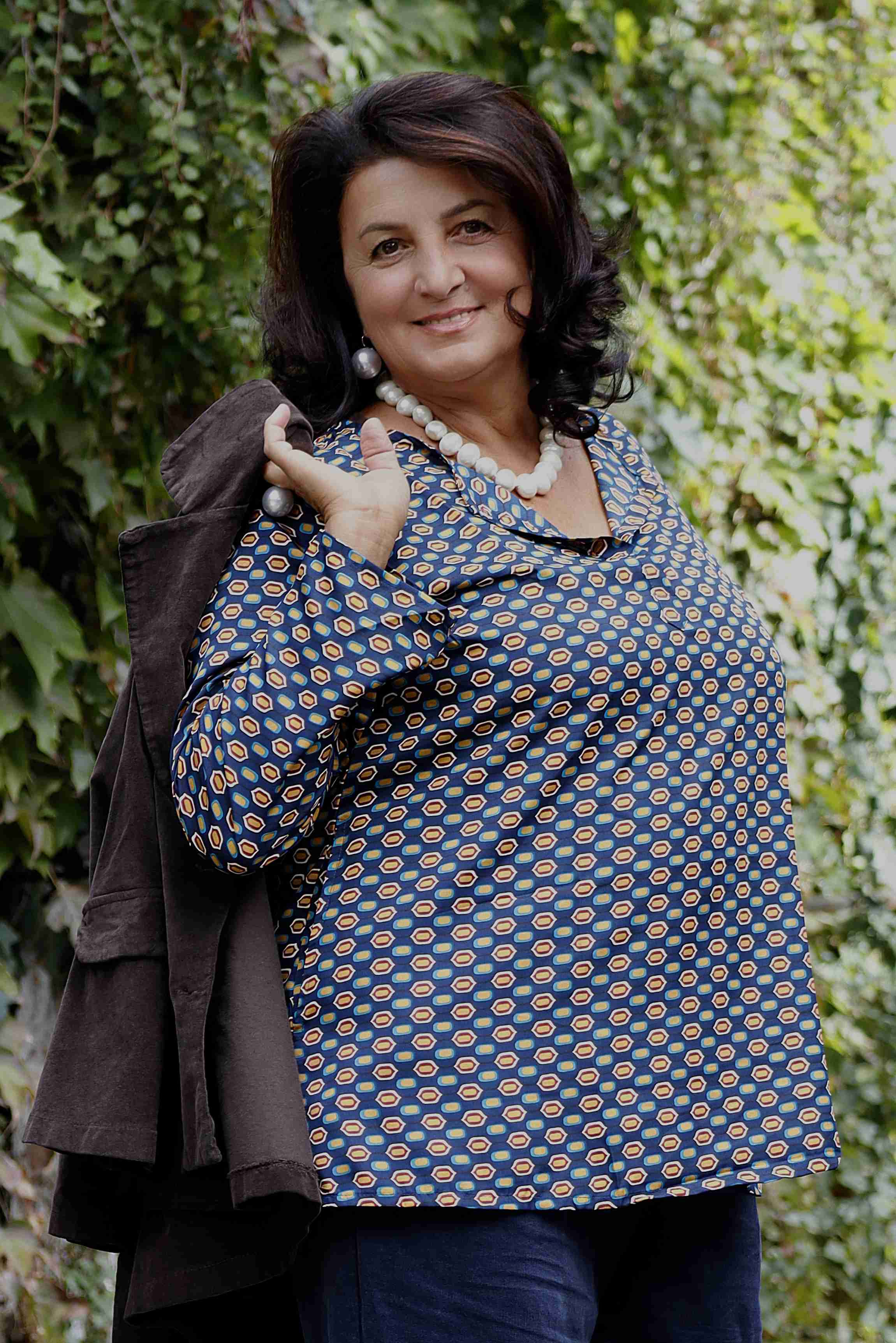 Blusa Mini Geometrie in Seta Blu e Tabacco (seta)