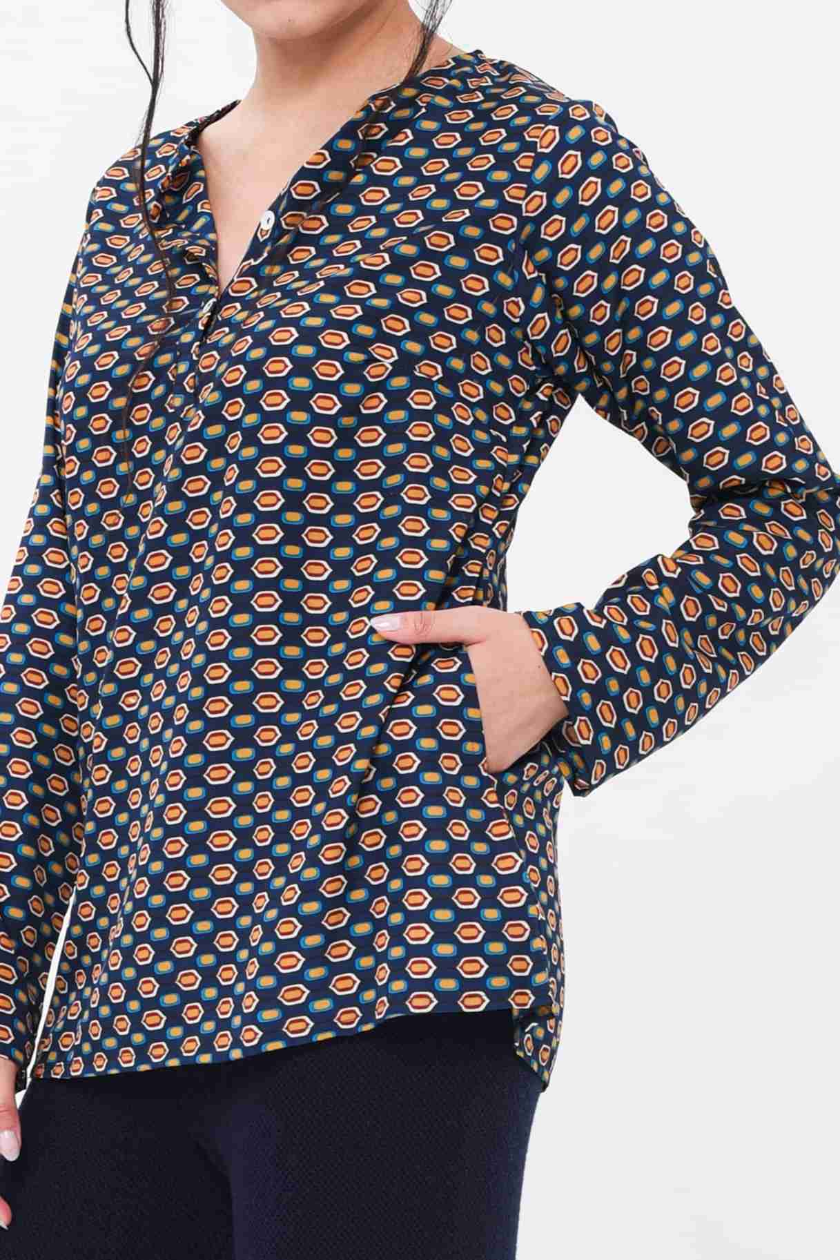 Blusa Mini Geometrie in Seta Blu e Tabacco (seta)