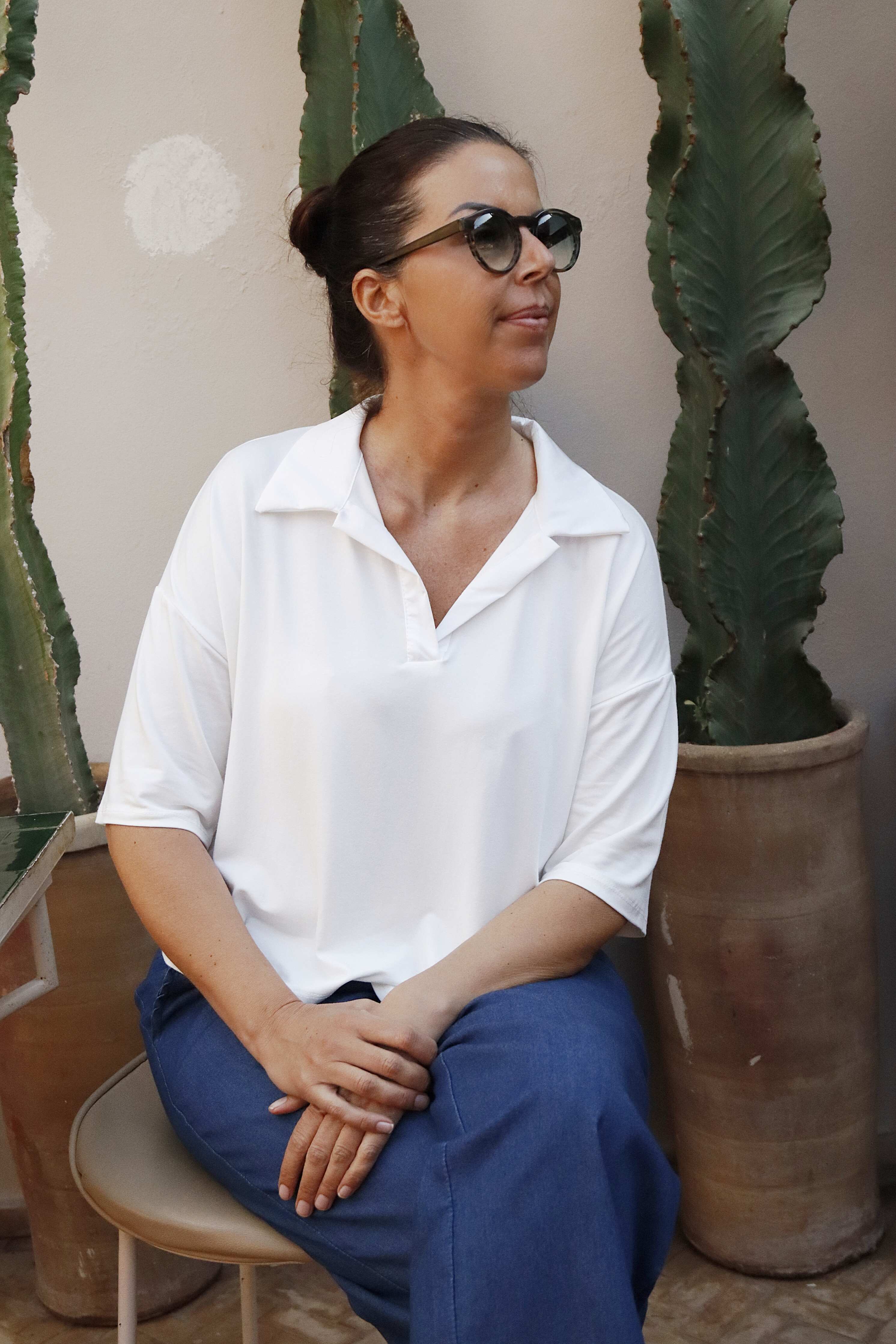 Blusa Bianca in Jersey di Viscosa con Colletto in Raso