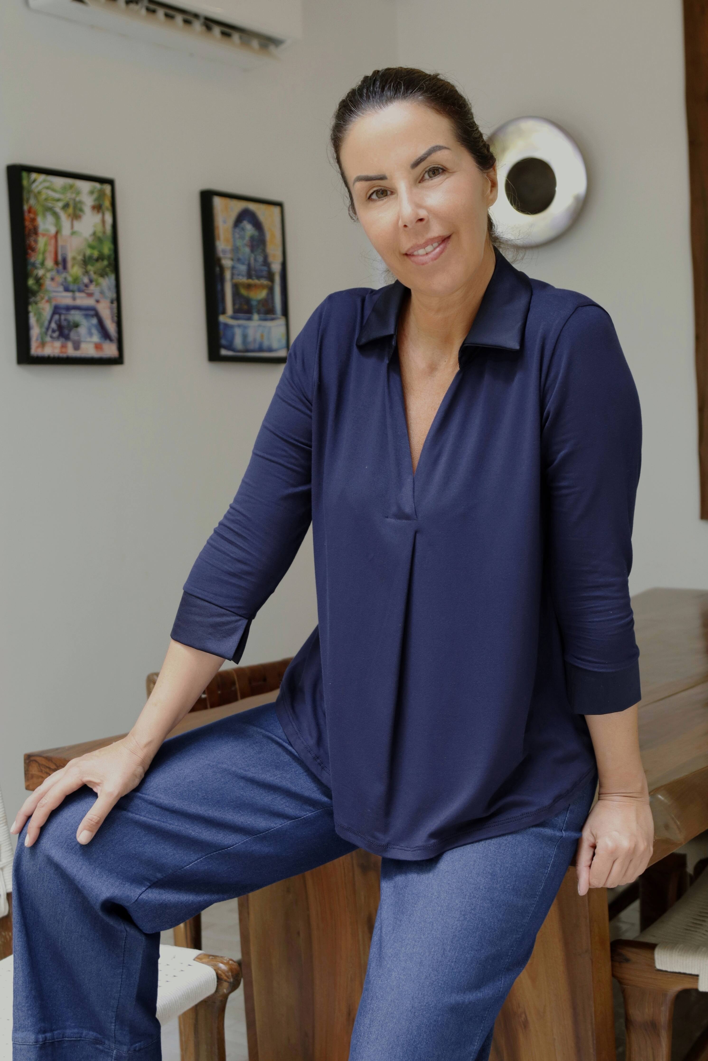 Blusa con colletto Blu in Jersey di Viscosa