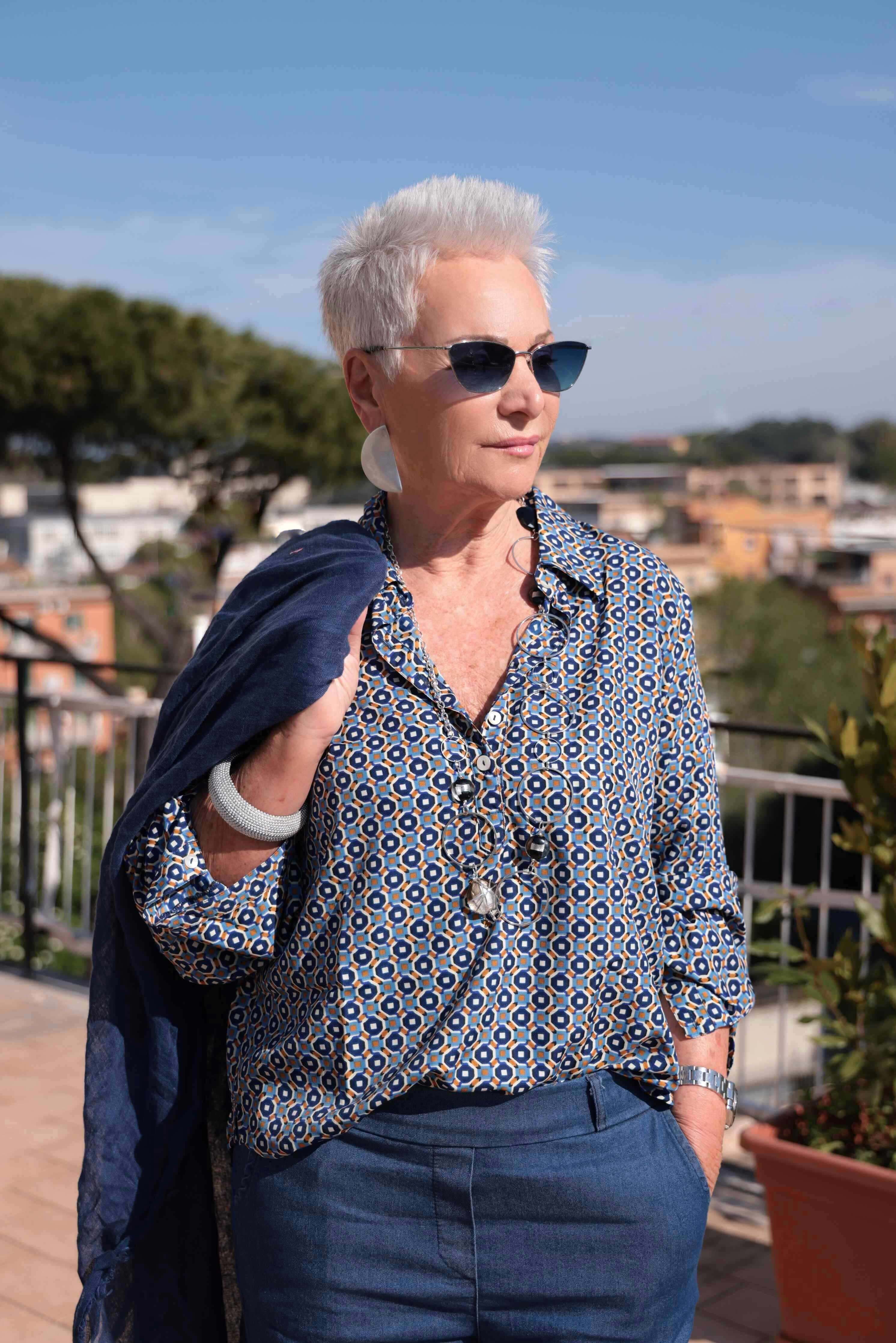 CAMICIA MINI GEOMETRIE CELESTE POLVERE (Seta)