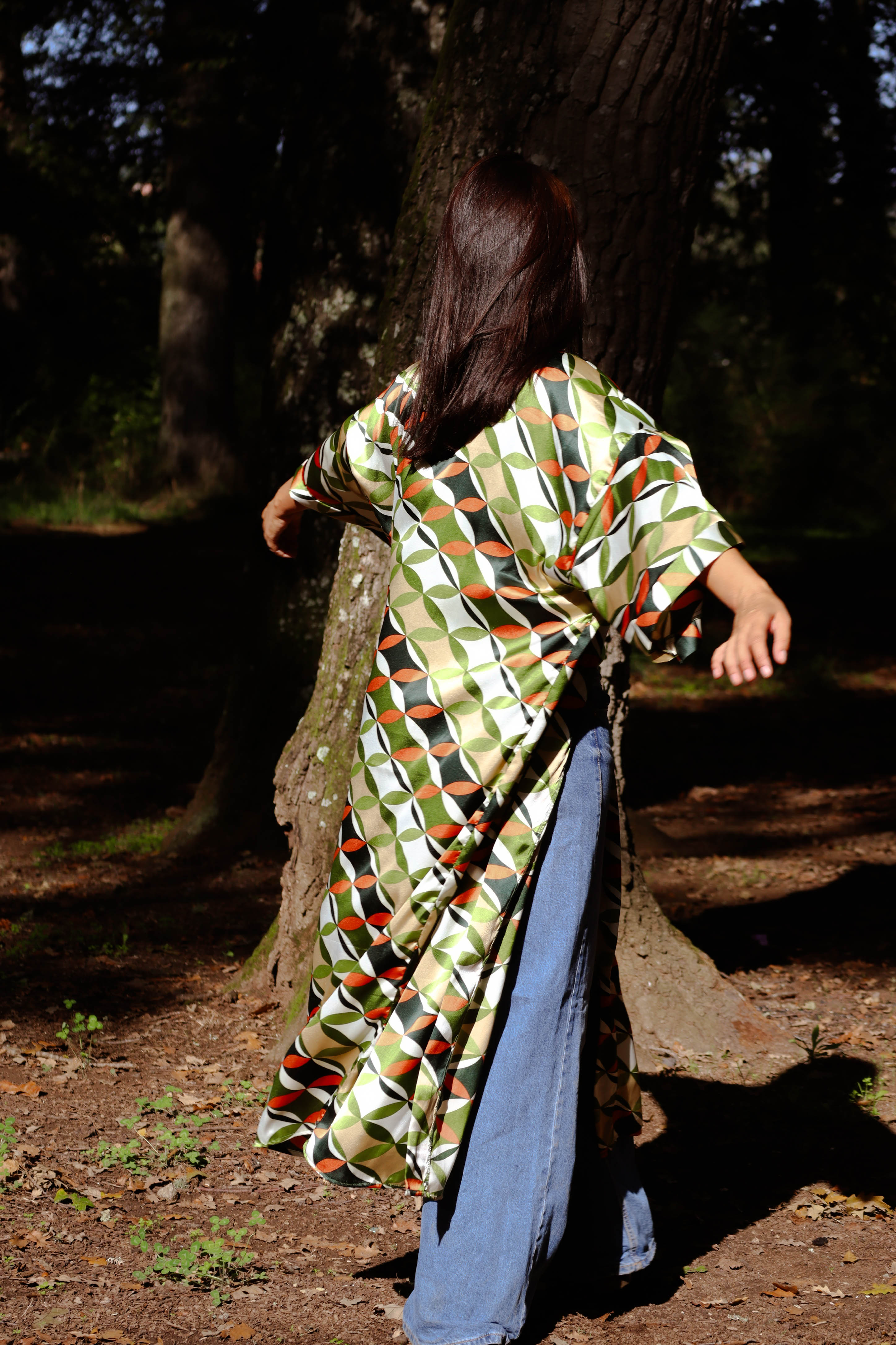 Kimono Seta geometrico zucca e verde