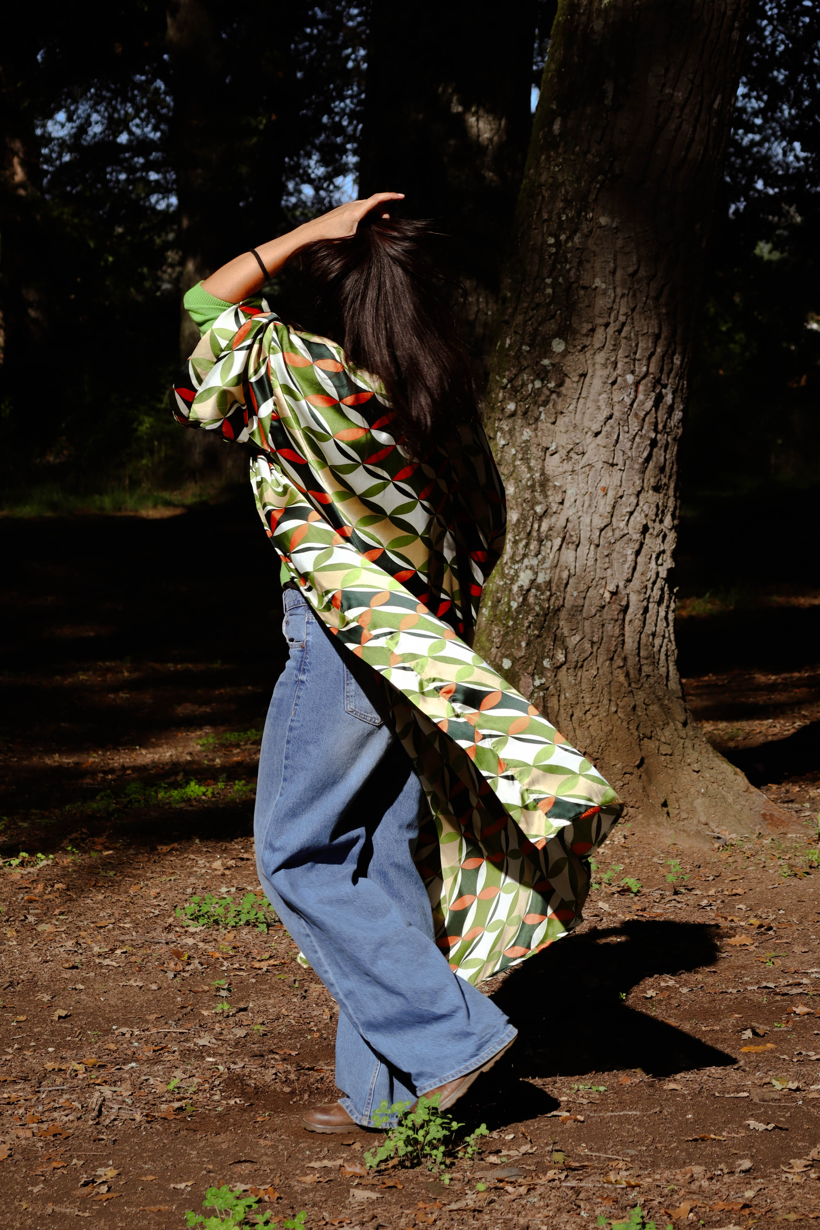 Kimono Seta geometrico zucca e verde