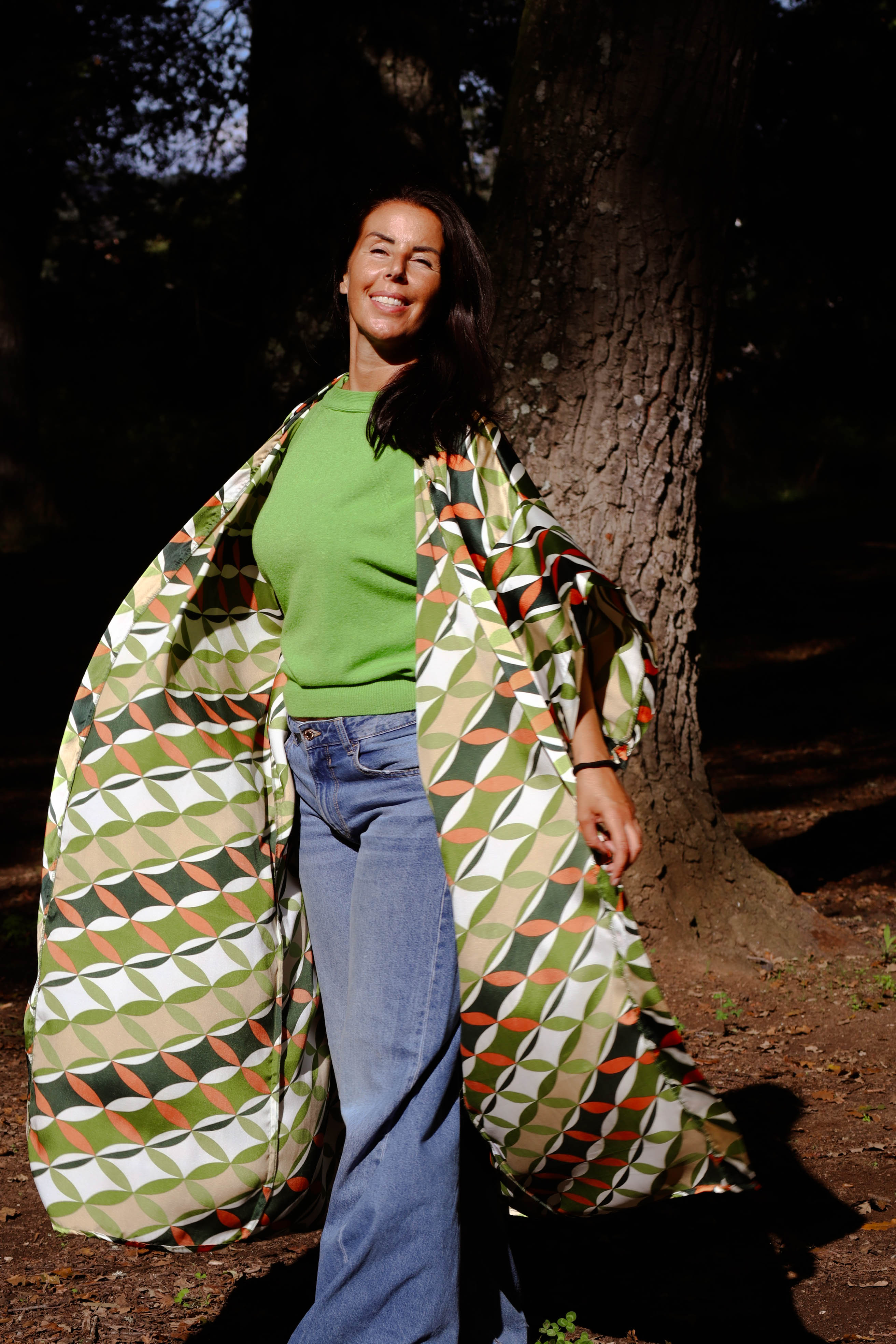 Kimono Seta geometrico zucca e verde