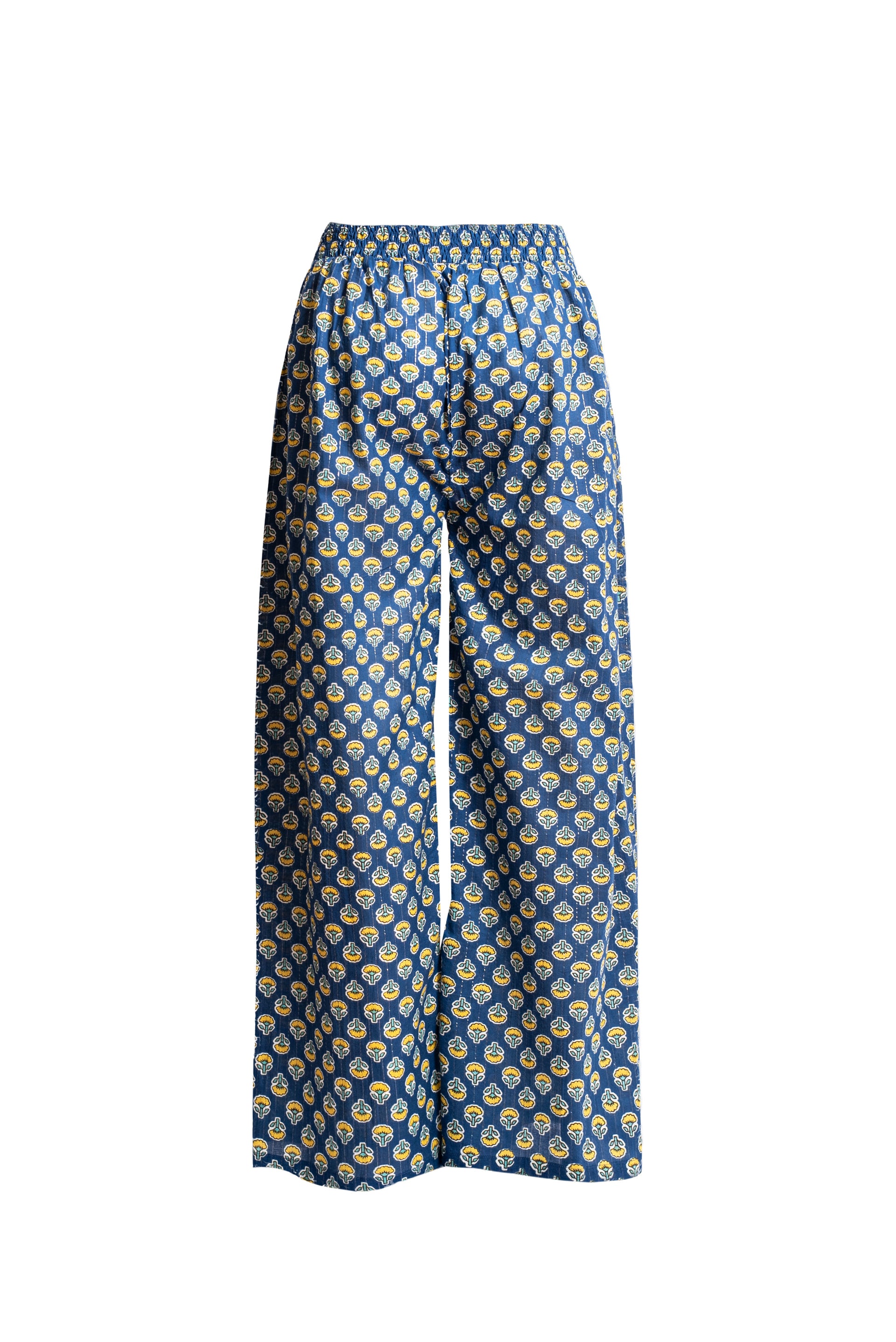 Pantalone Paje gamba palazzo cotone floreale blu polvere