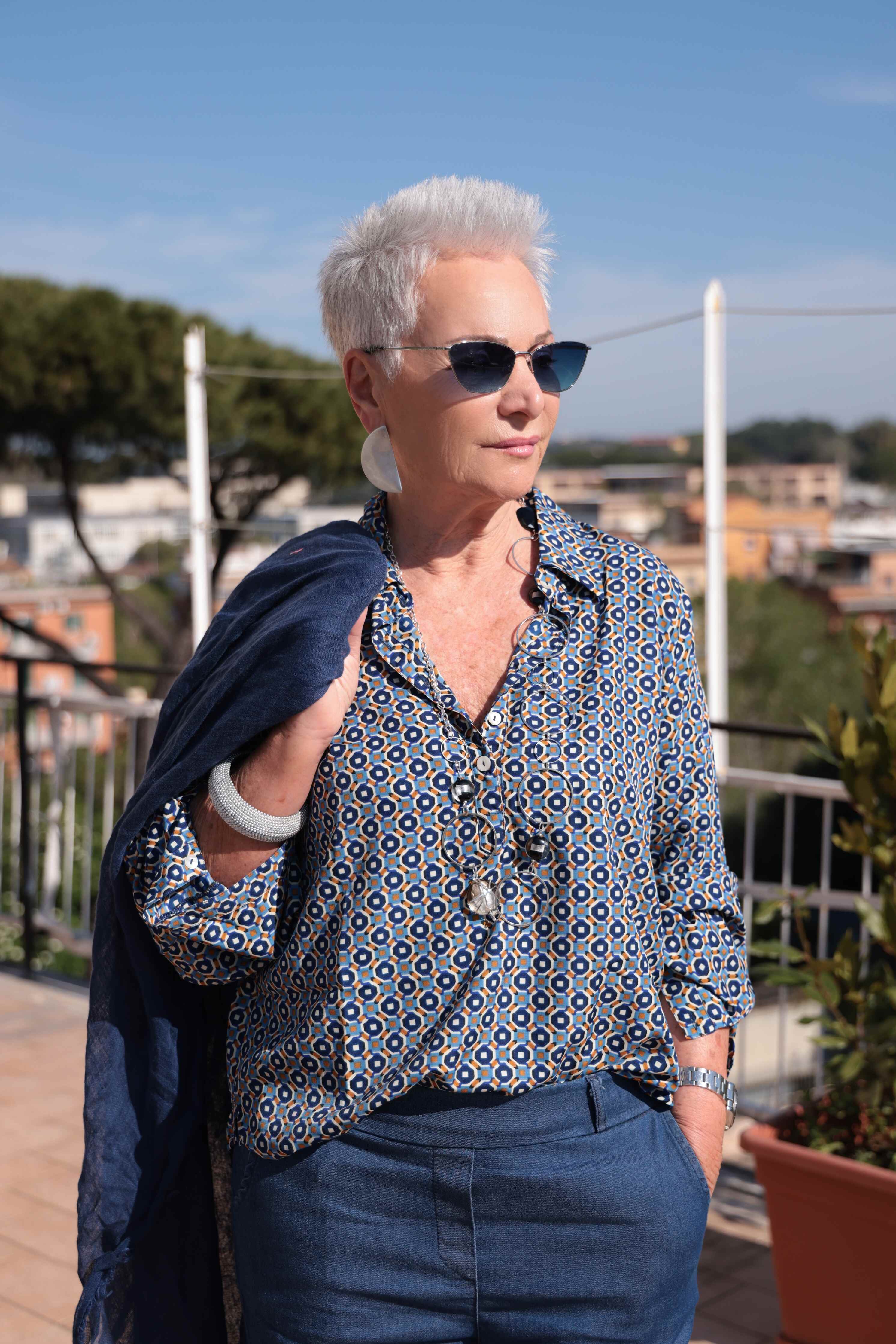 CAMICIA MINI GEOMETRIE CELESTE POLVERE (Seta)