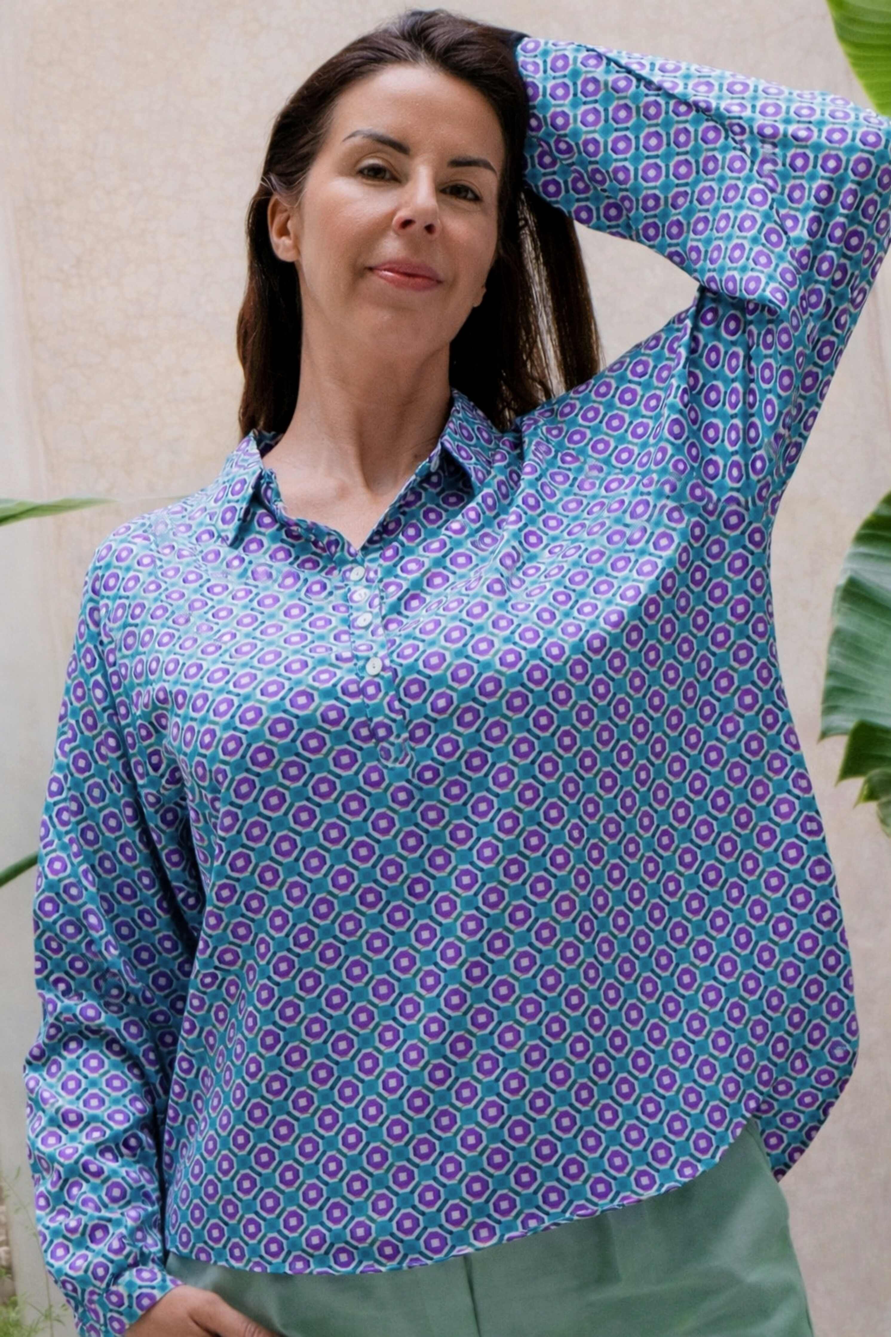 Camicia Mini Geometrie in Seta lilla e verde menta