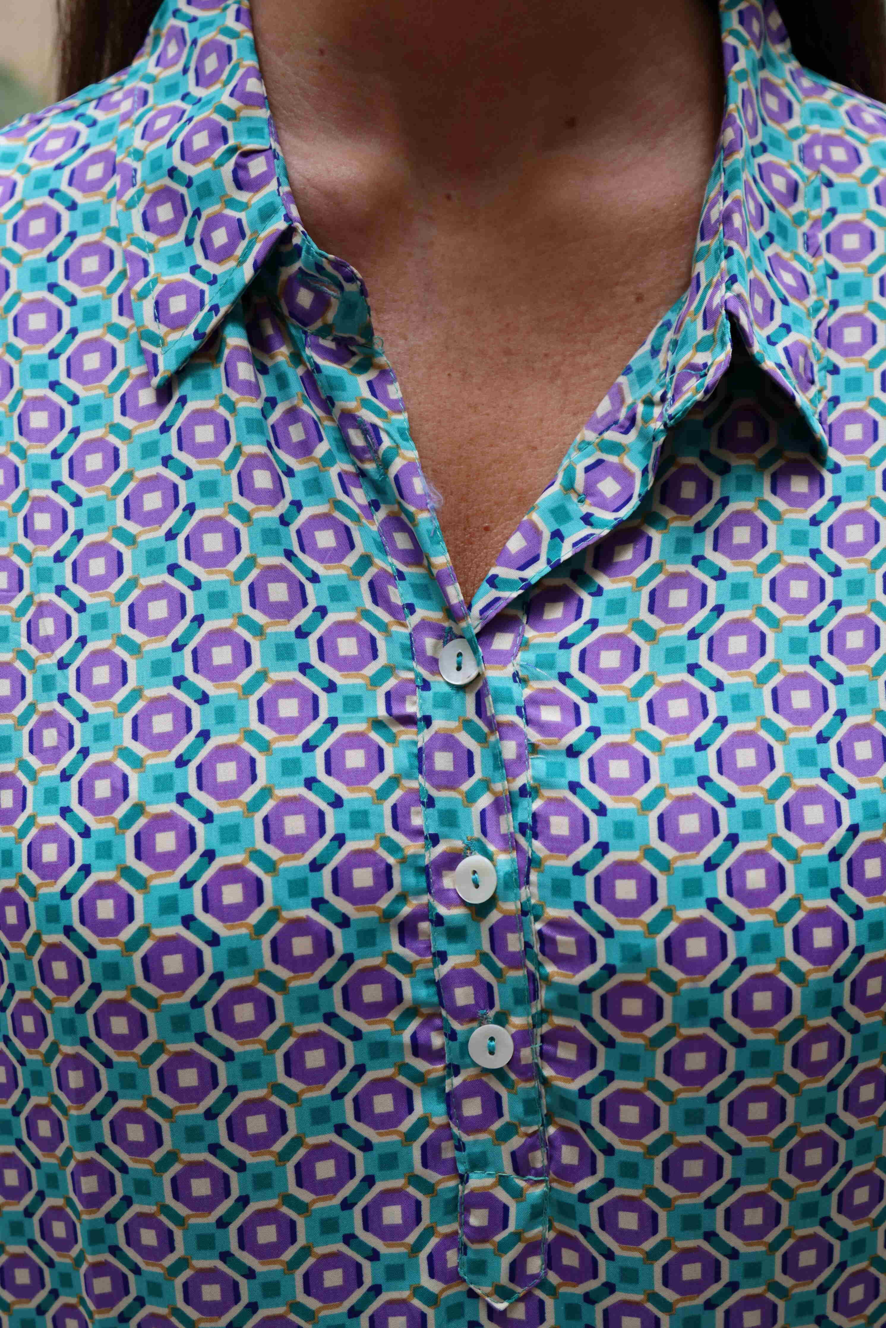 Camicia Mini Geometrie in Seta lilla e verde menta