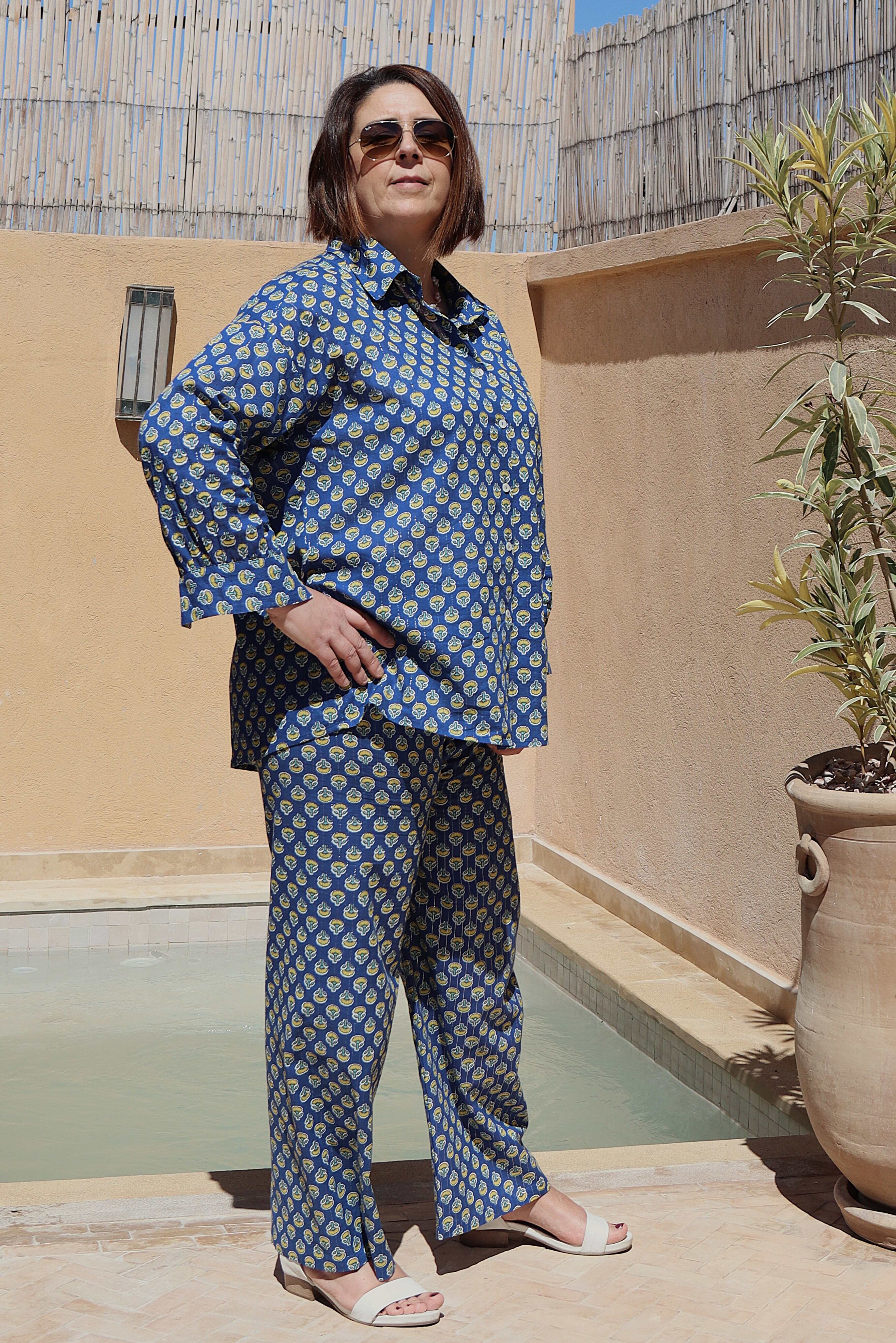 Pantalone Paje gamba palazzo cotone floreale blu polvere
