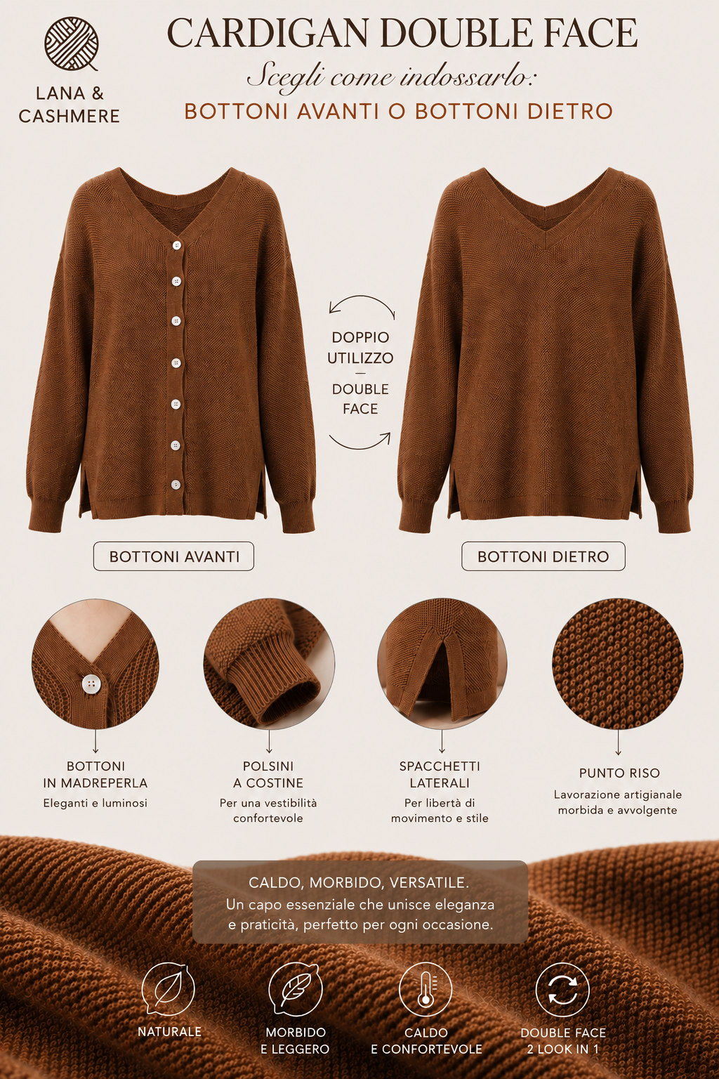 Cardigan Due Modi tabacco donna in lana e cashmere Tessimete – dettaglio del capo