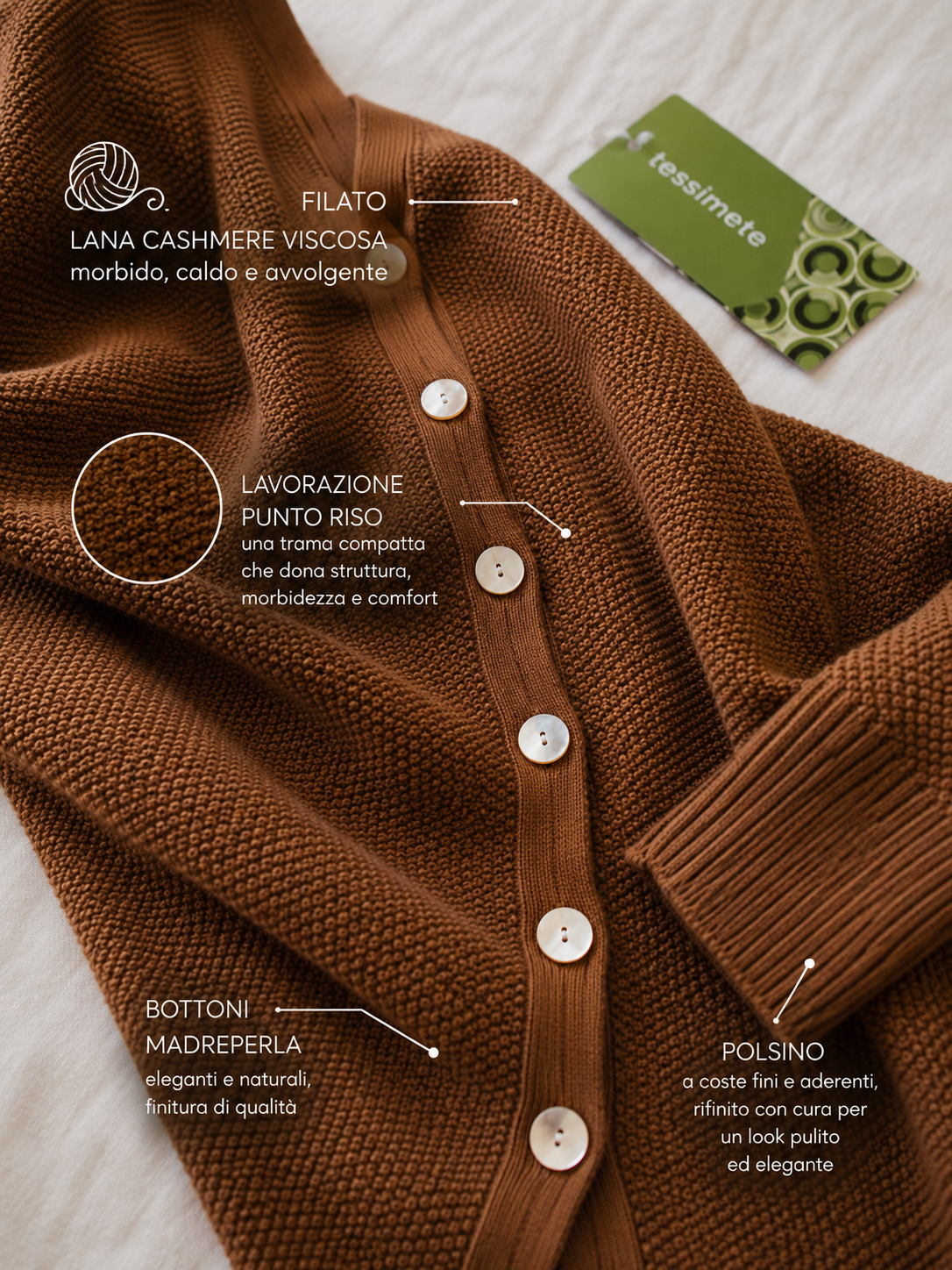 Cardigan Due Modi tabacco donna in lana e cashmere Tessimete – dettaglio vestibilità