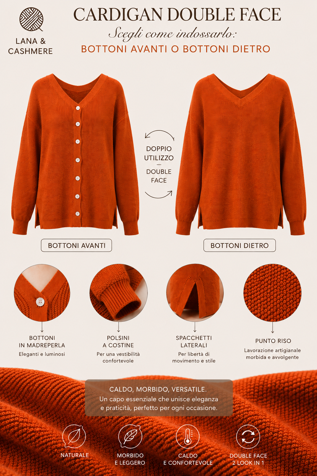 Cardigan Due Modi arancio donna in lana e cashmere Tessimete – dettaglio vestibilità