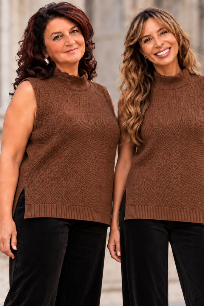 Gilet Vulcano tabacco donna in lana merinos e cashmere Tessimete – foto prodotto