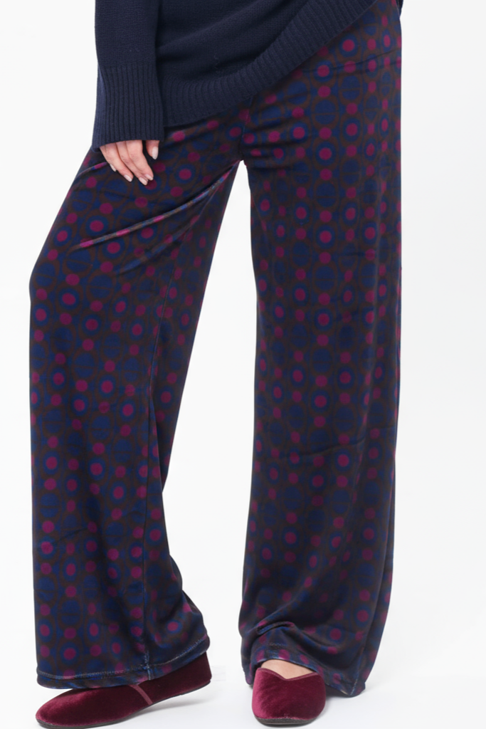 Pantalones de terciopelo geométrico con lunares marrones y berenjena (punto de terciopelo)