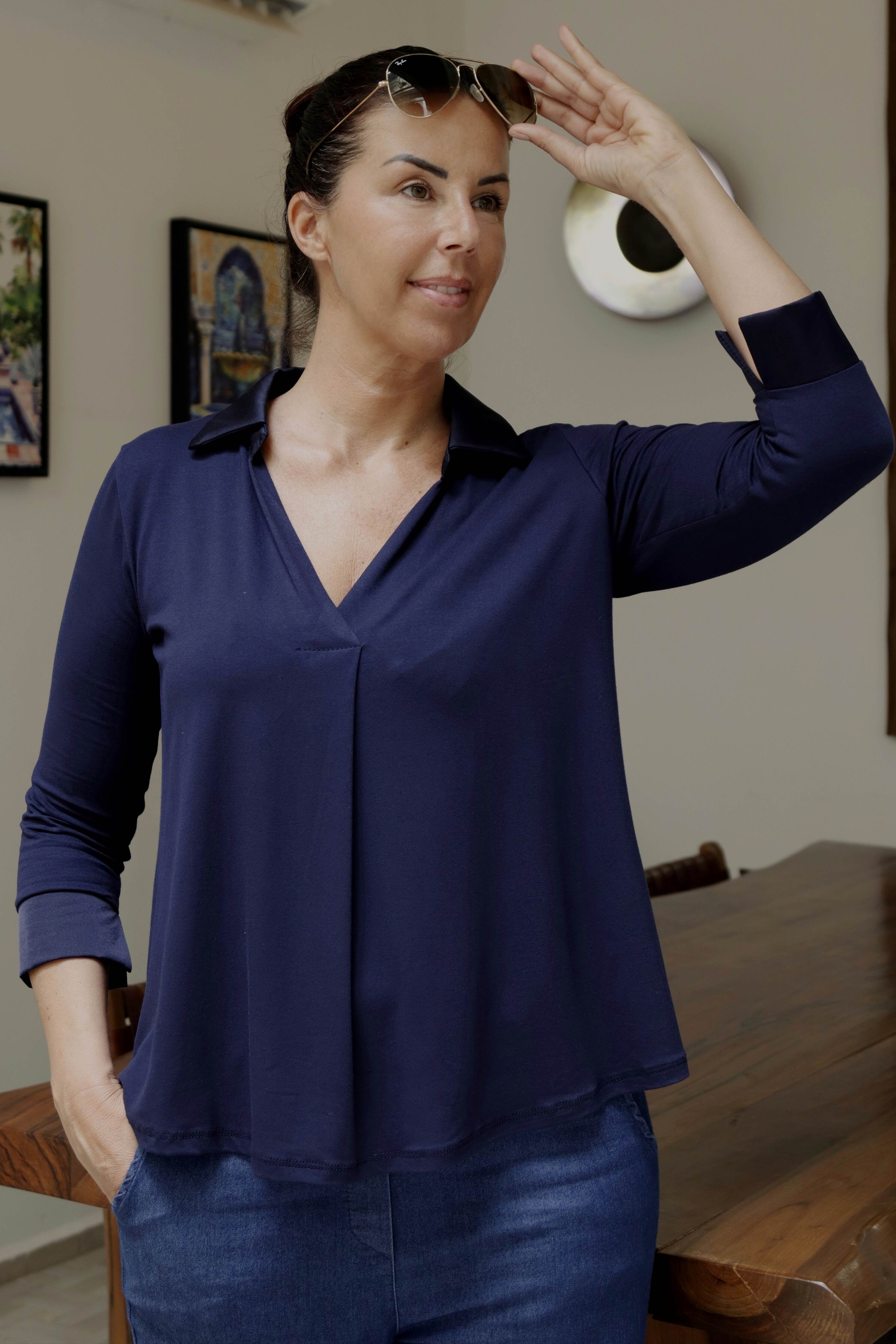Blusa con colletto Blu in Jersey di Viscosa