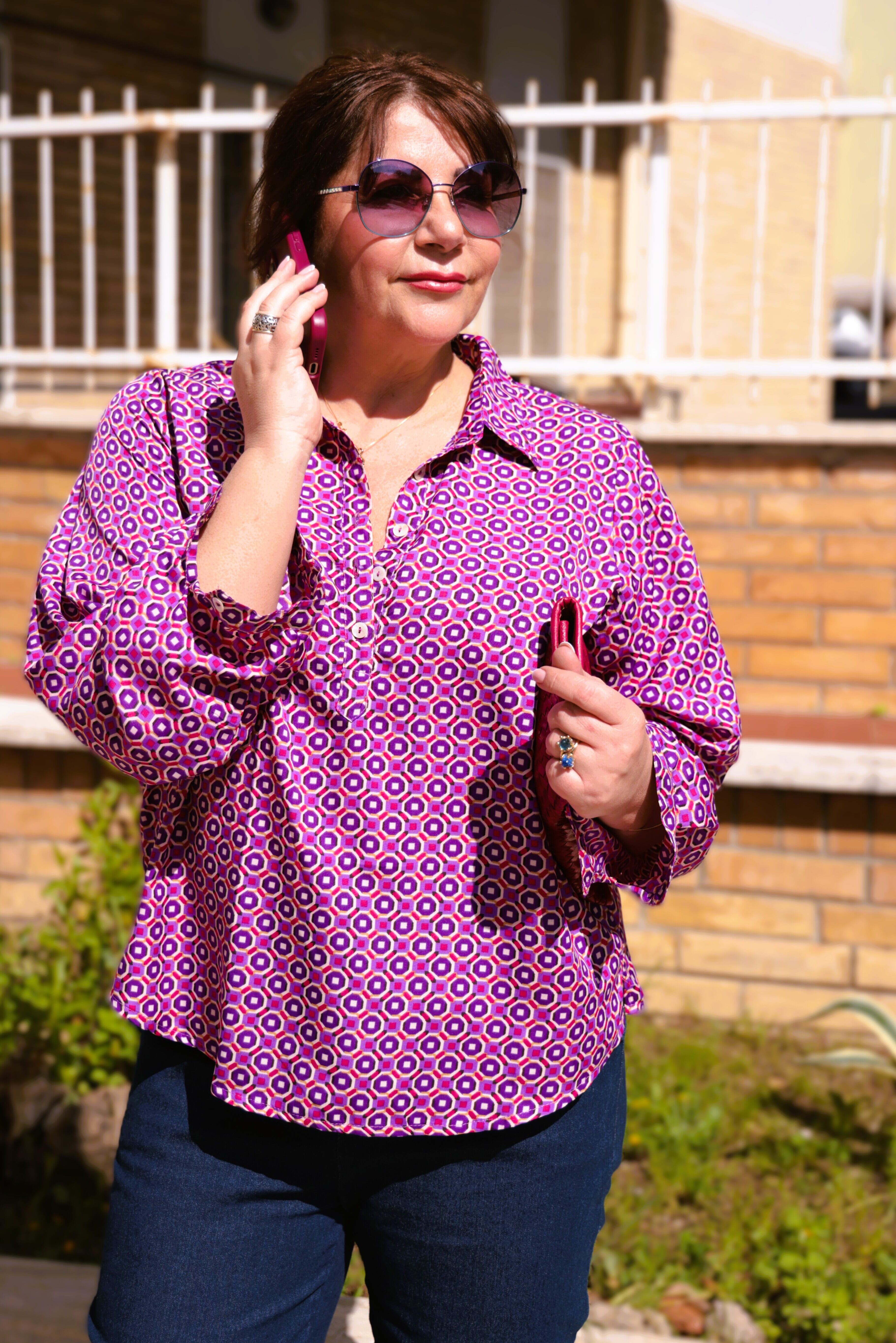 Camicia seta fantasia minigeometrie ciclamino e viola