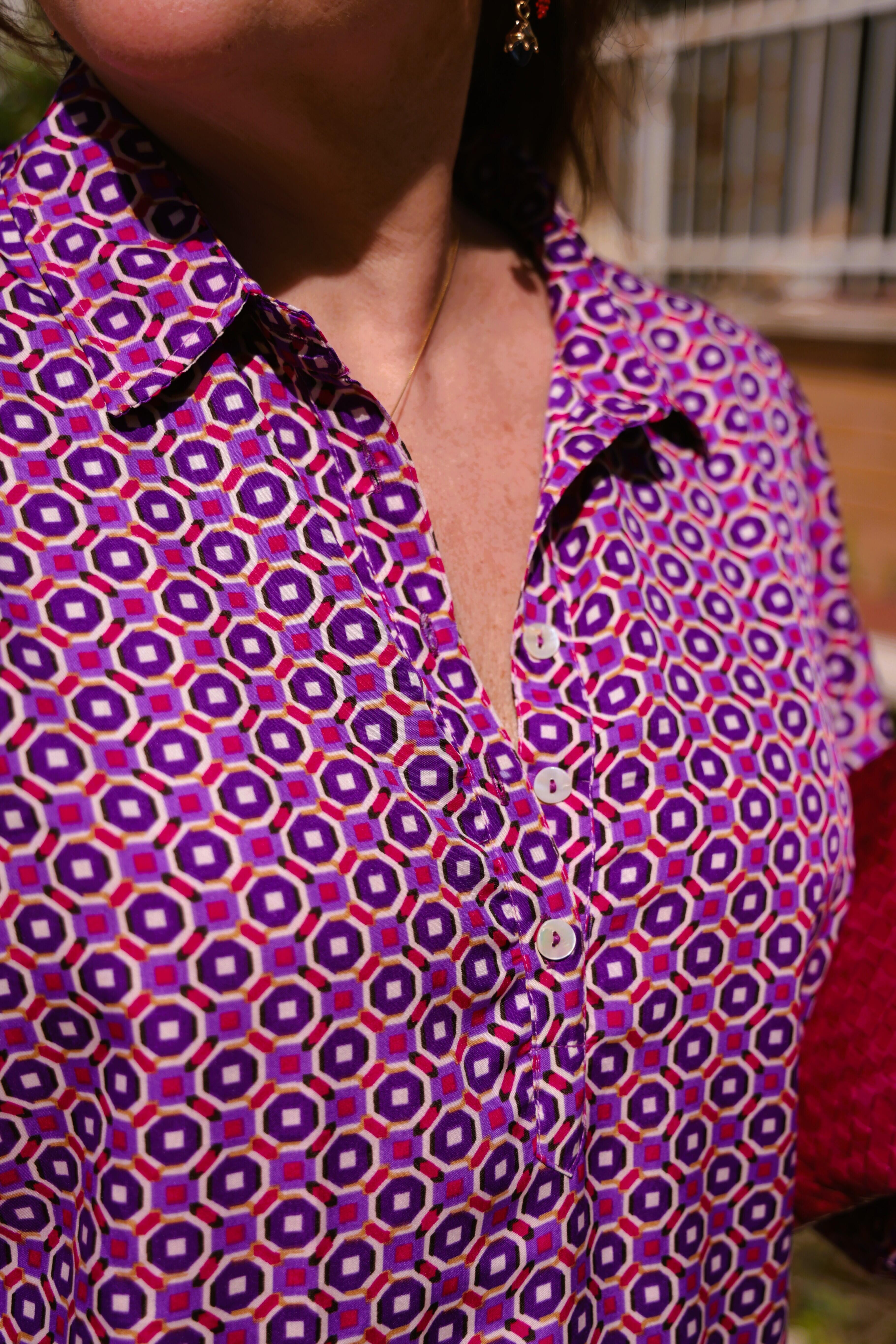 Camicia seta fantasia minigeometrie ciclamino e viola