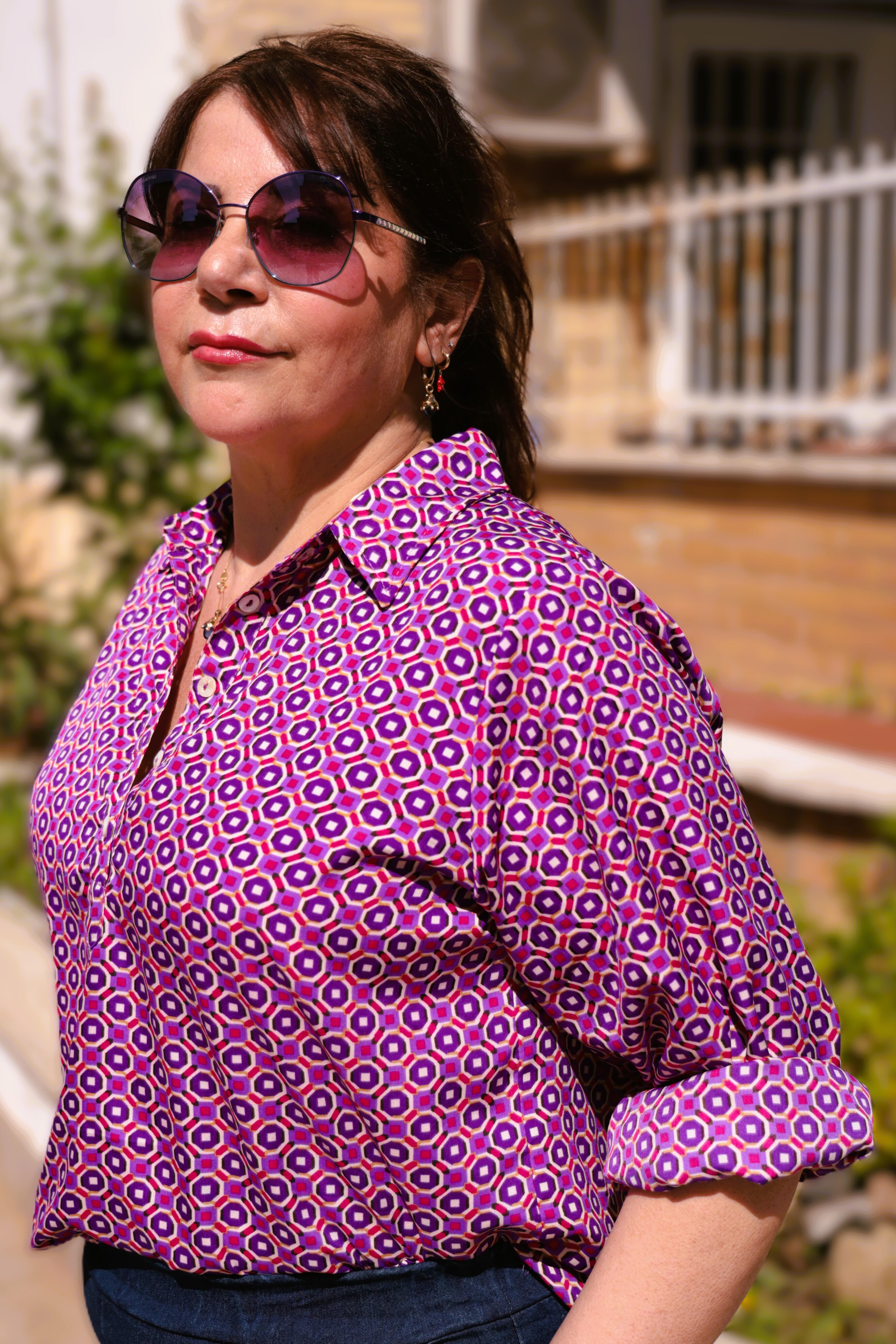 Camicia seta fantasia minigeometrie ciclamino e viola