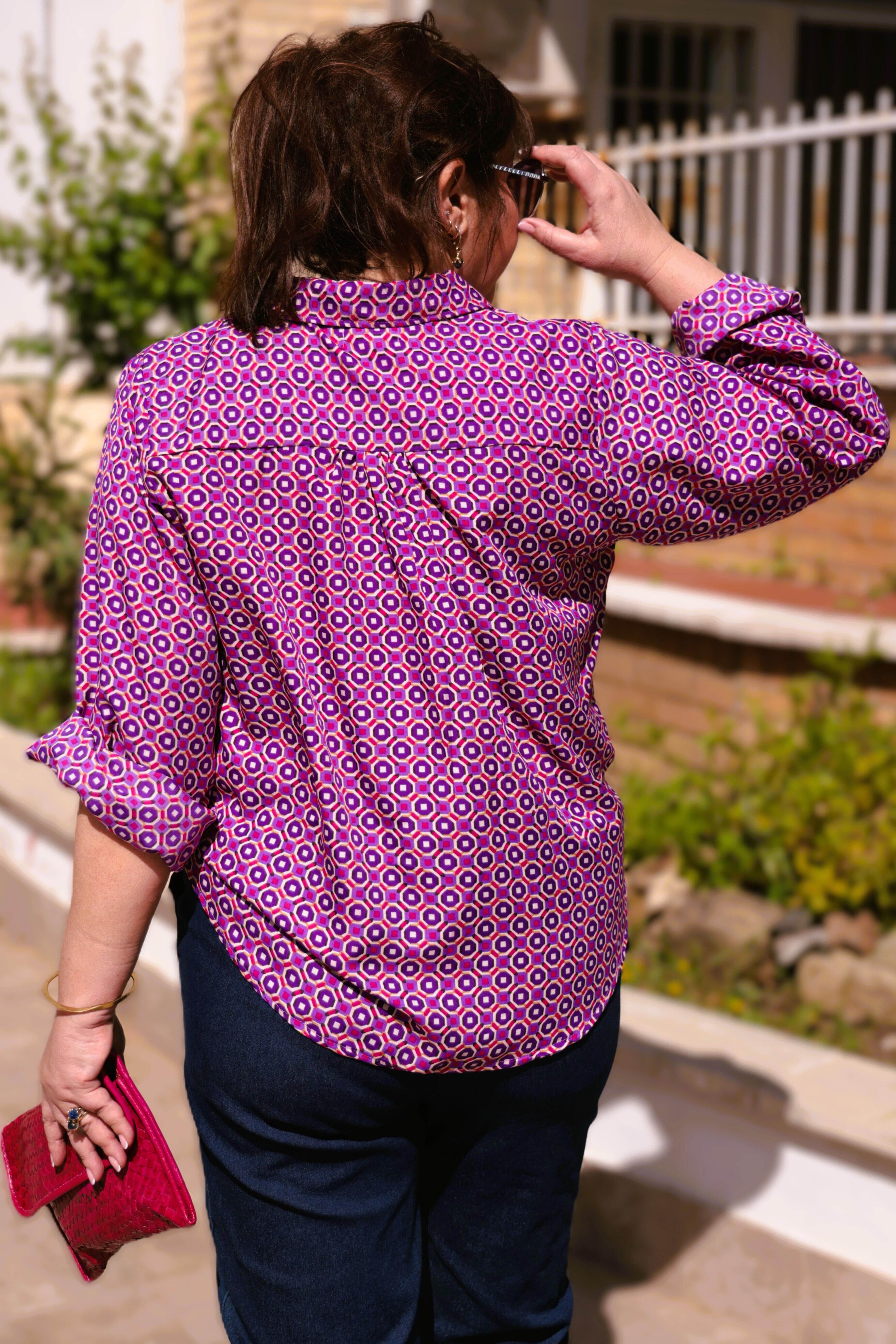 Camicia seta fantasia minigeometrie ciclamino e viola