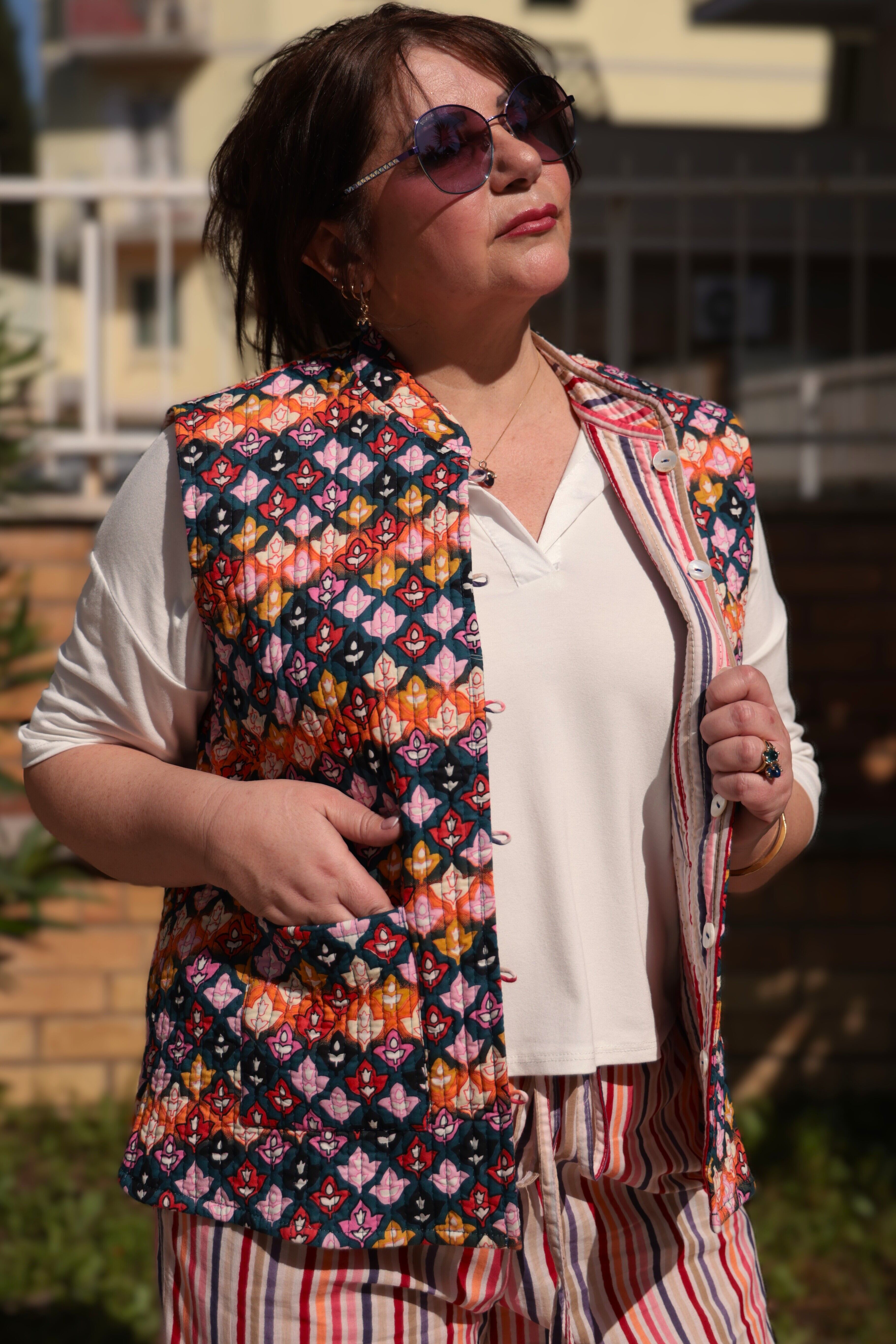 Gilet trapuntato in cotonne double  face multicolor 