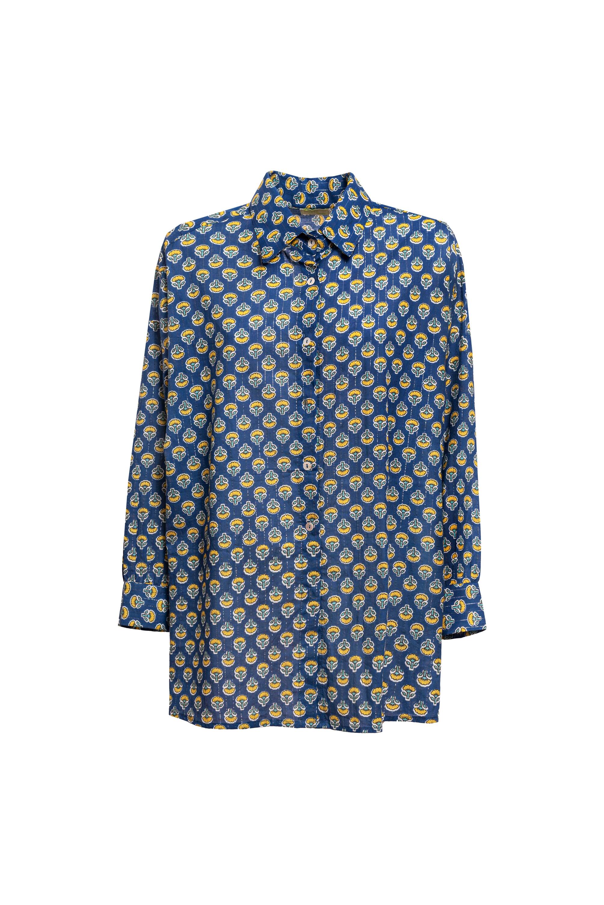 Camicia cotone floreale over size color blu polvere