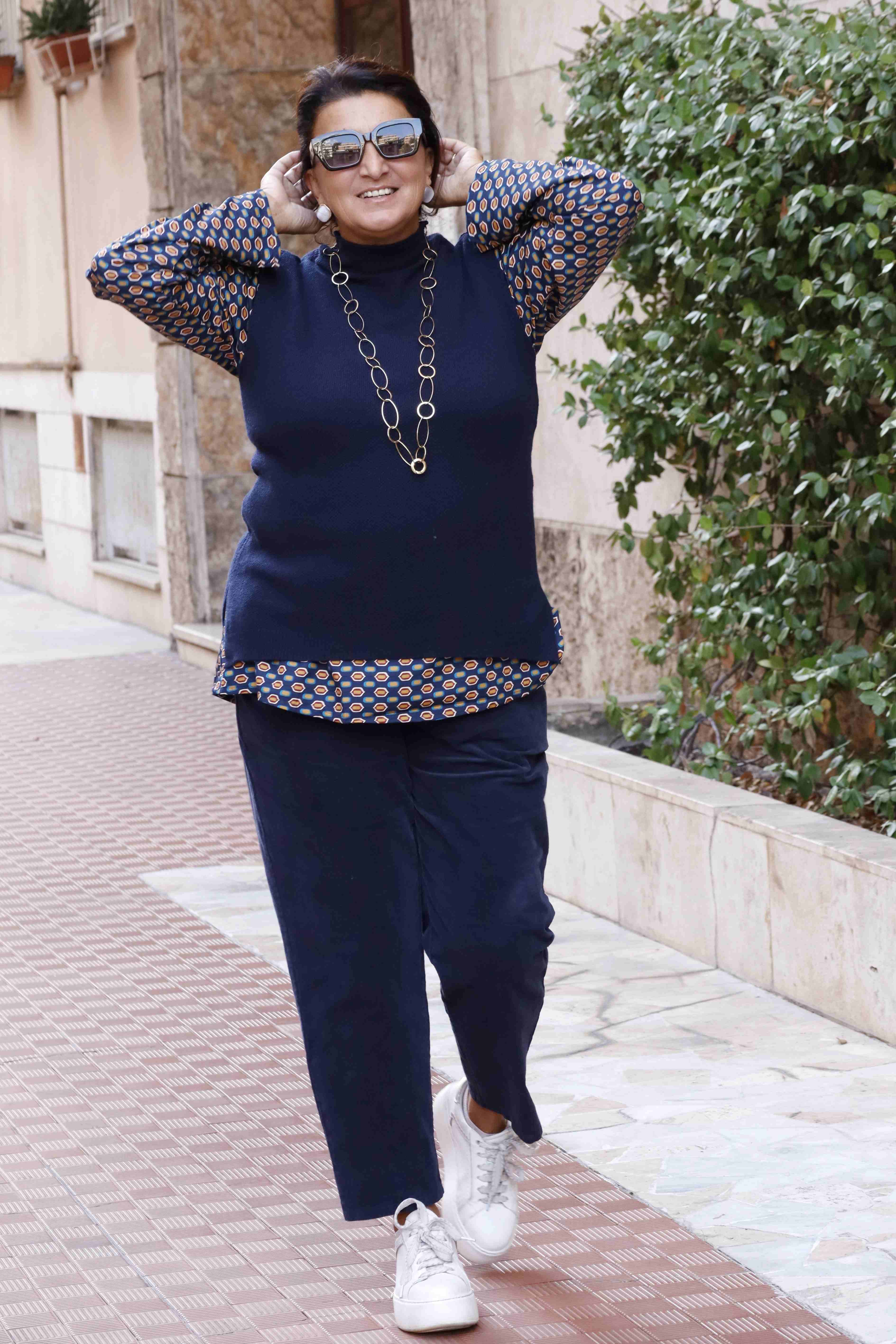 Blusa Mini Geometries en seda azul y tabaco (seda) 