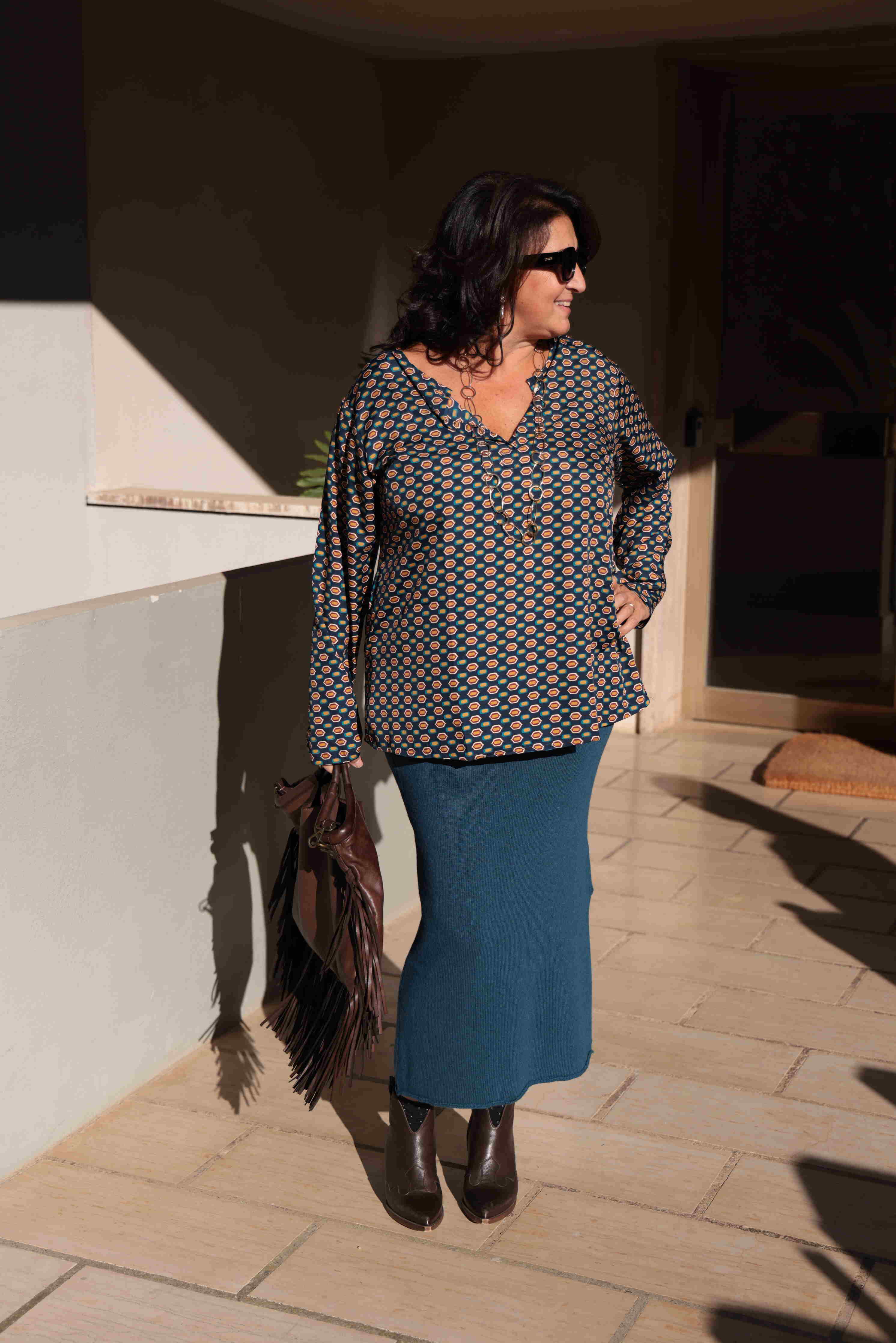 Blusa Mini Geometries en seda azul y tabaco (seda) 