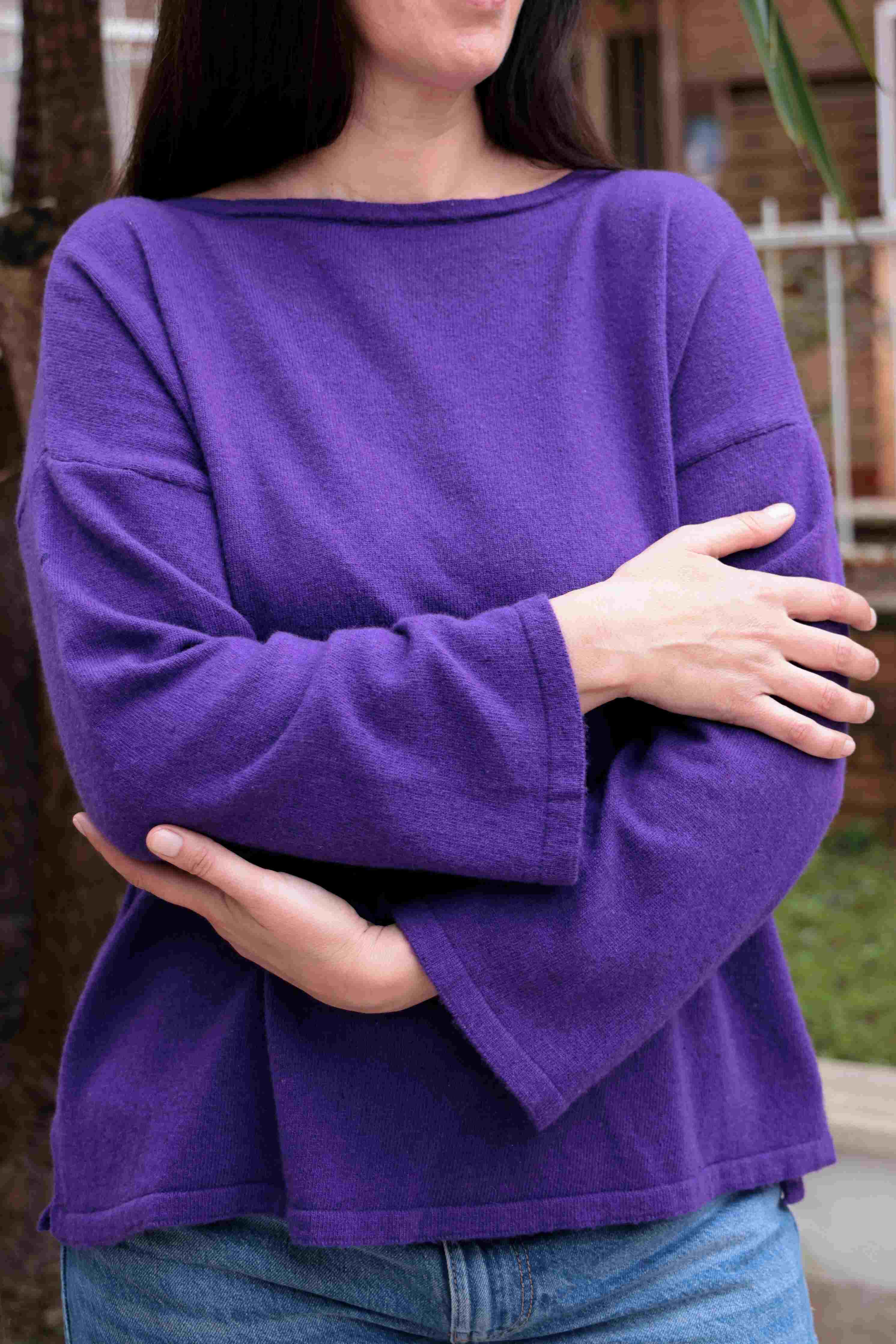 Maglione double face taglio a scatola con bottoni lana e cashmere viola