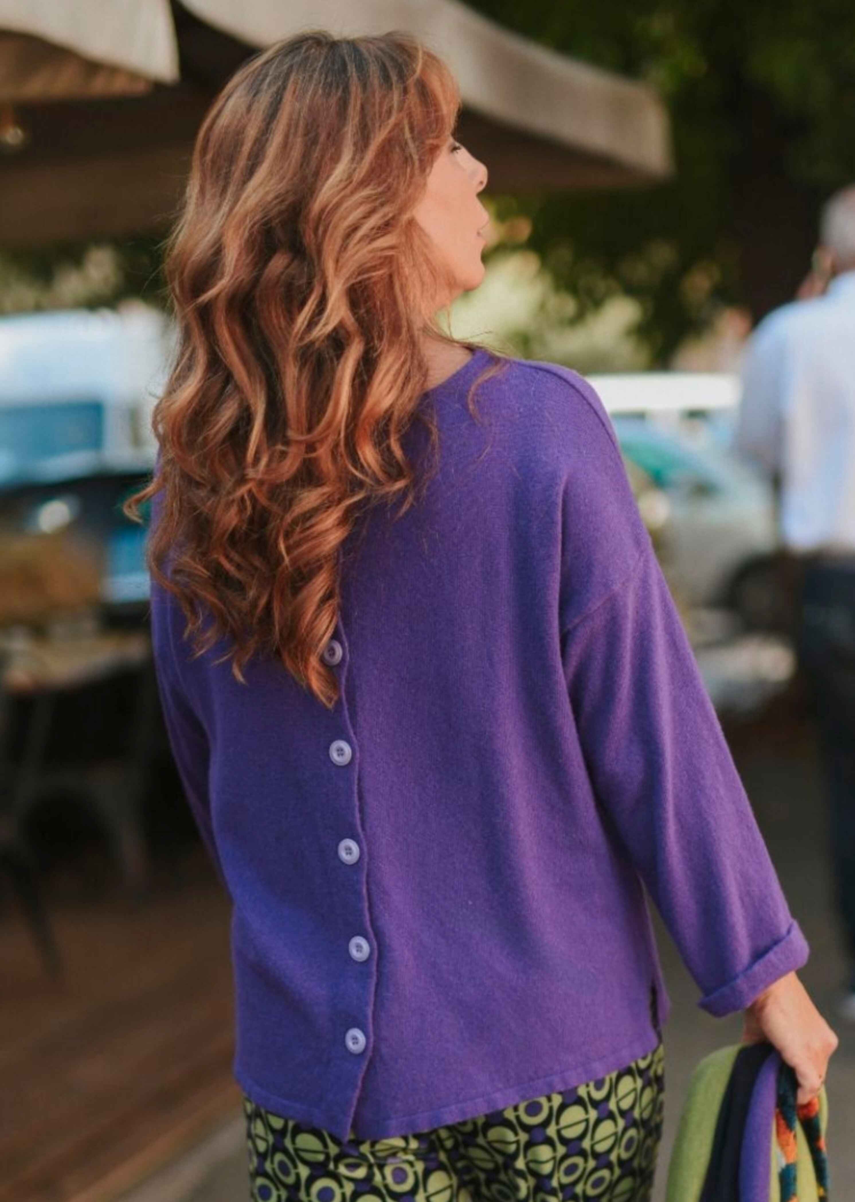 Maglione double face taglio a scatola con bottoni lana e cashmere viola