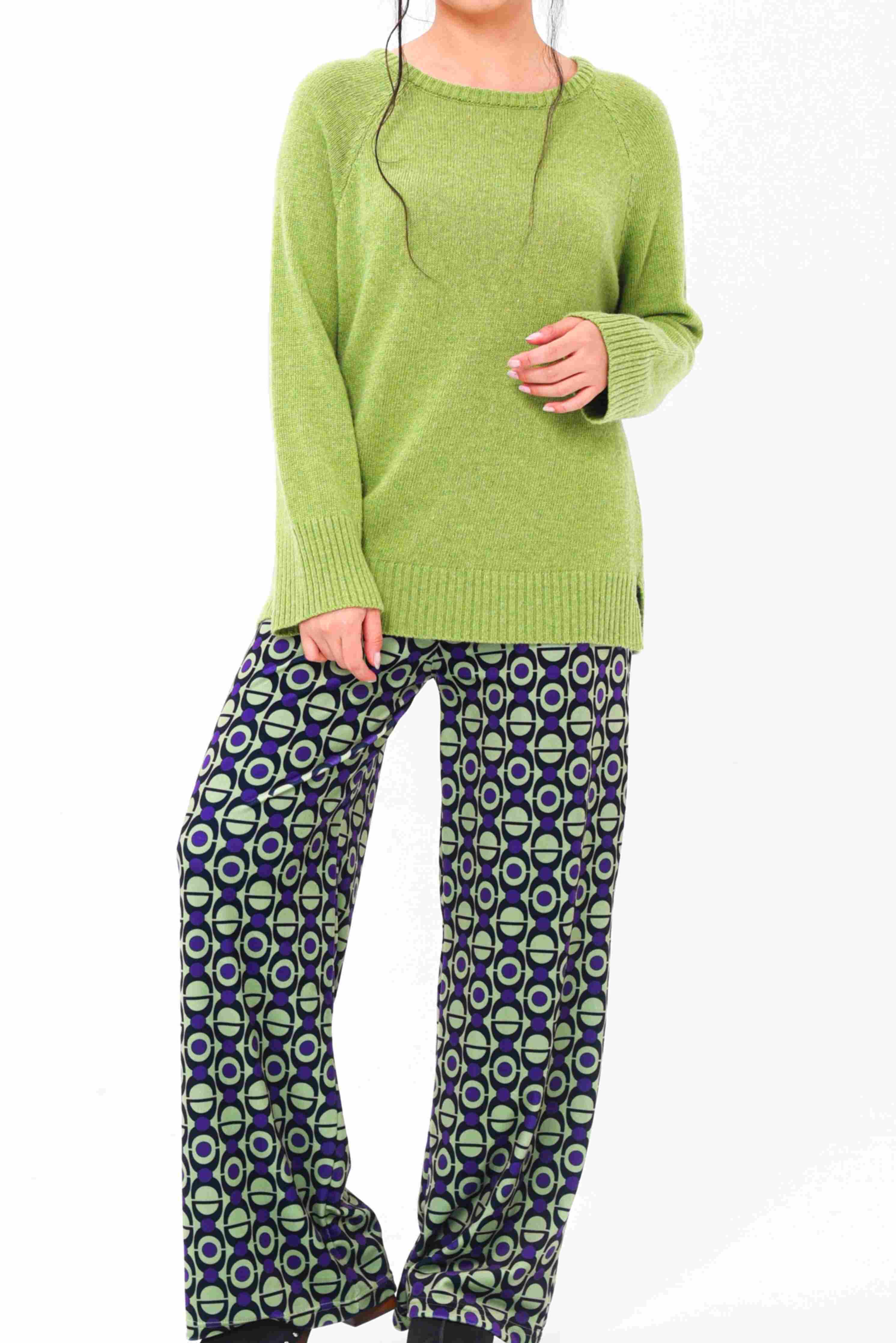 Pantalone velluto elasticizzato con stampa geometrica viola e pistacchio