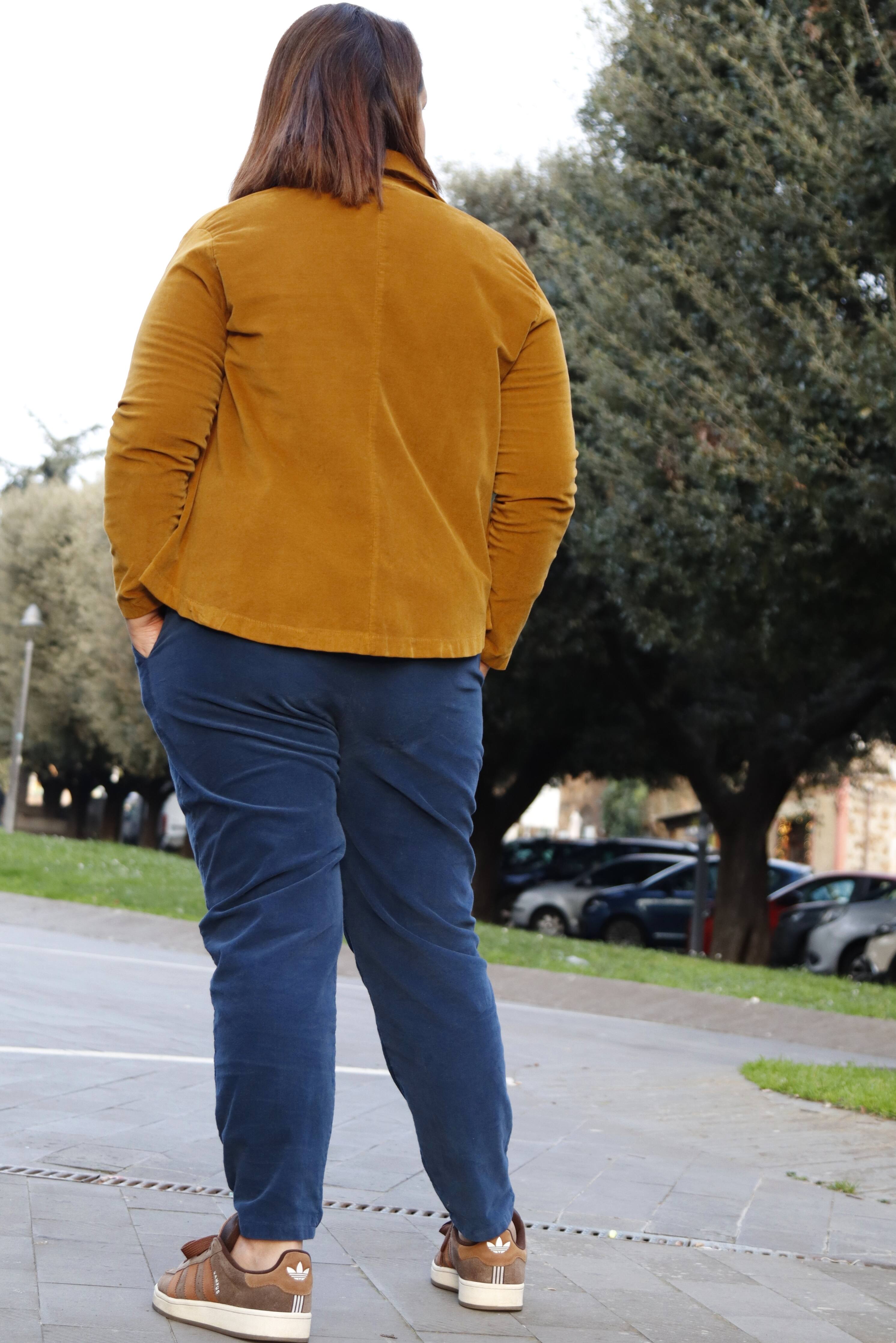 Pantalone in velluto a costine fine in cotone elasticizzato ottanio
