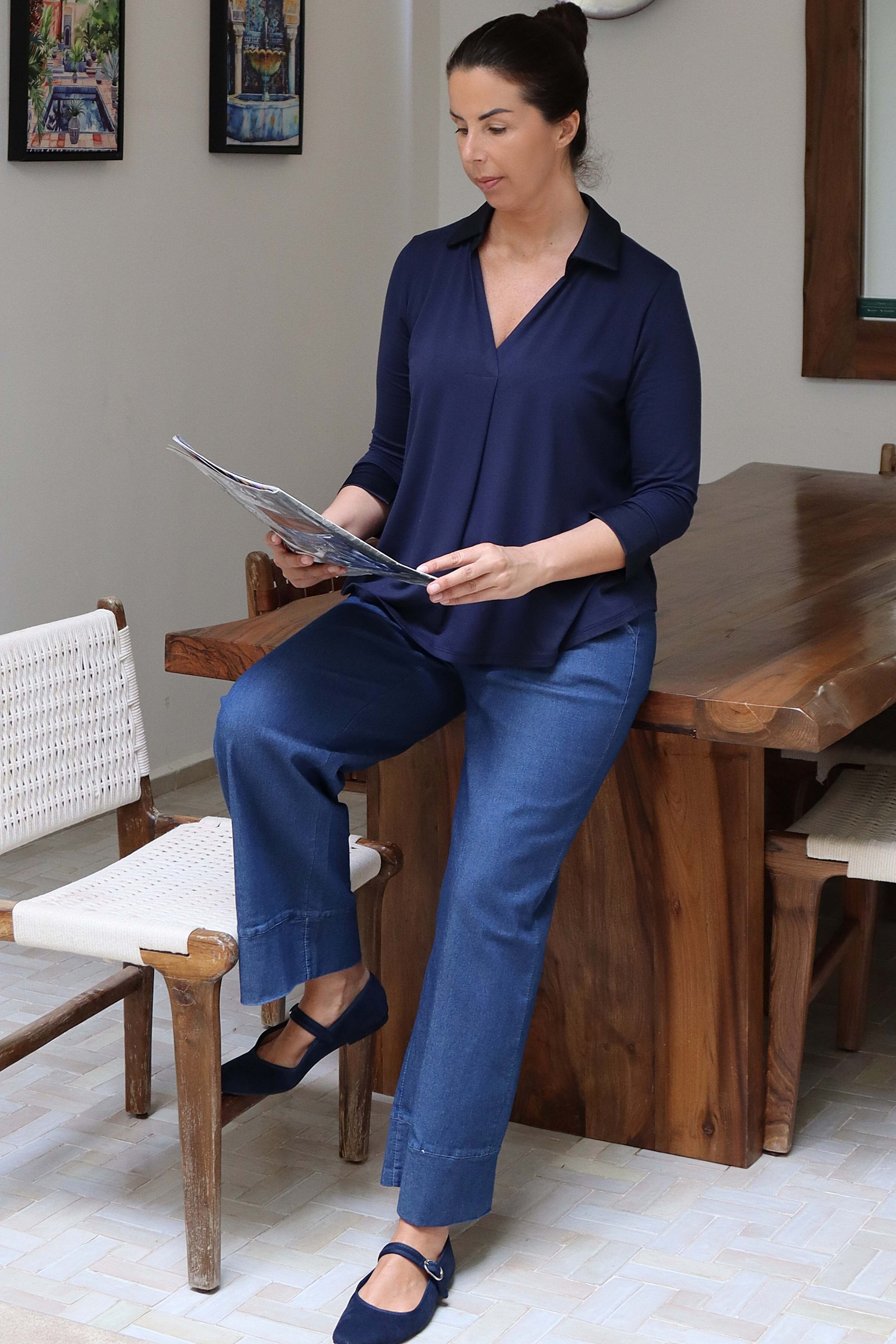 Blusa con colletto Blu in Jersey di Viscosa 