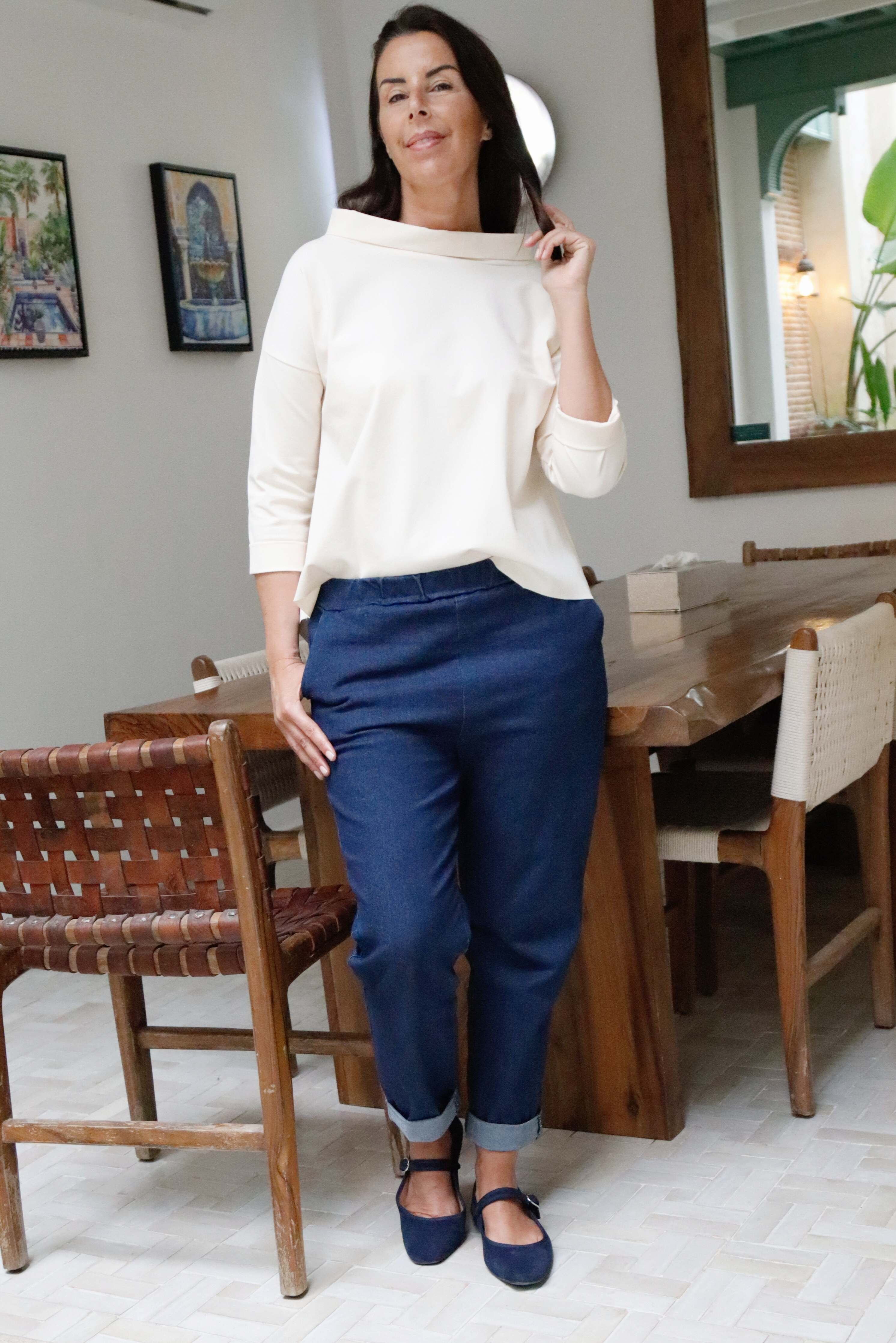 Blusa punto milano colore panna con collo a vulcano