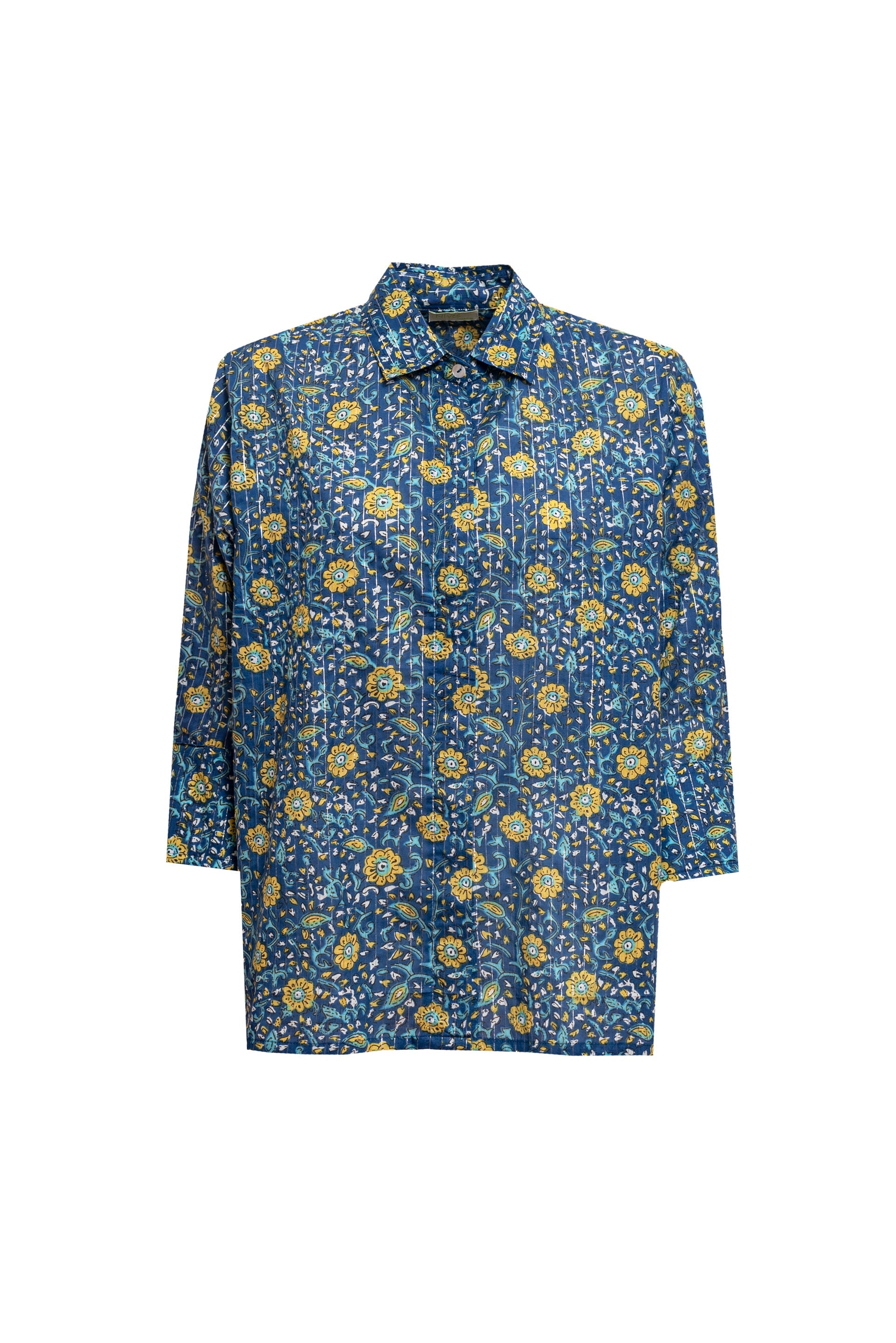 Camicia  taglio a scatola colore blu polvere e fiori gialli cotone naturale