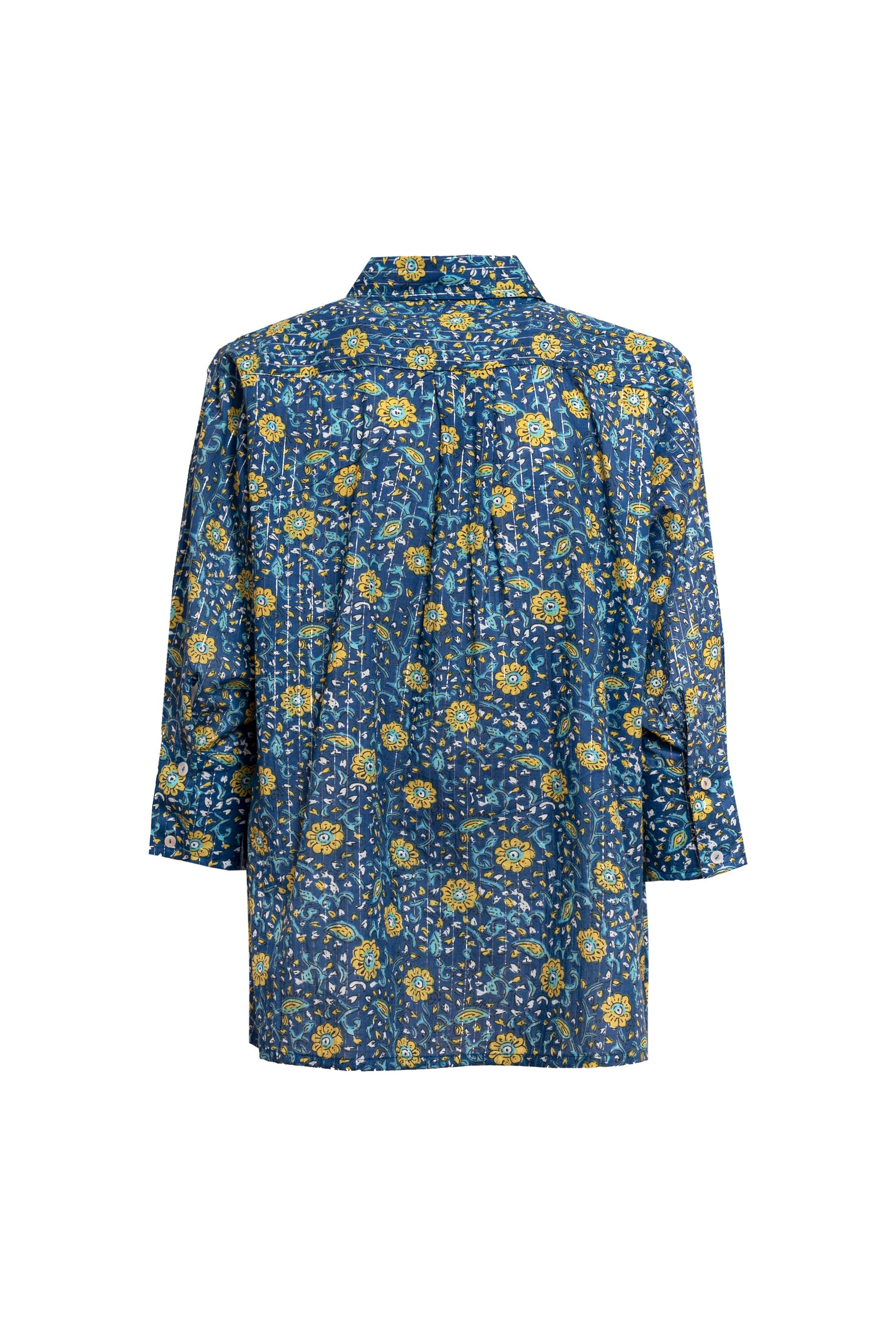 Camicia  taglio a scatola colore blu polvere e fiori gialli cotone naturale