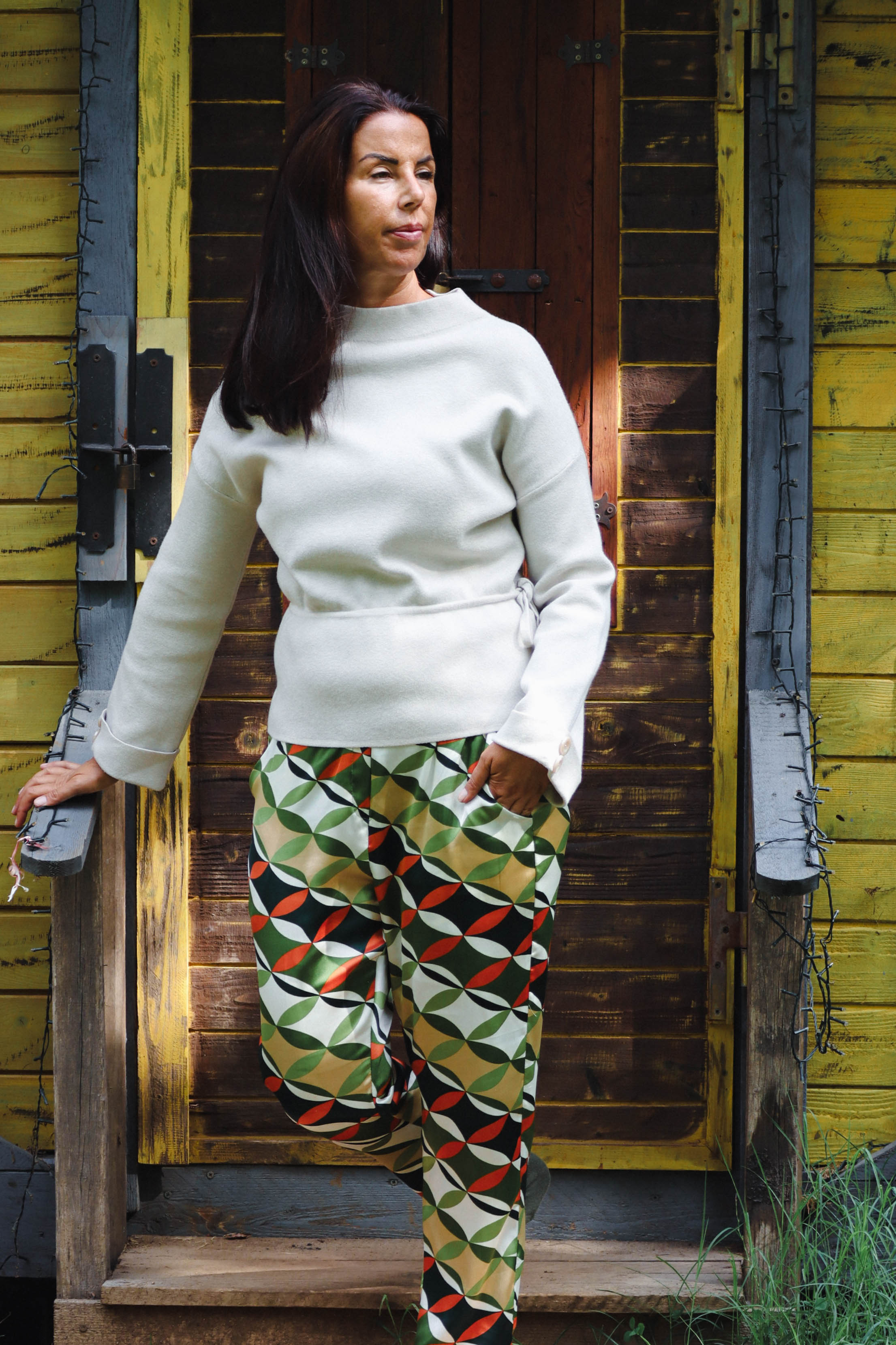 Pantalone Seta geometrico modello capri zucca e cachi