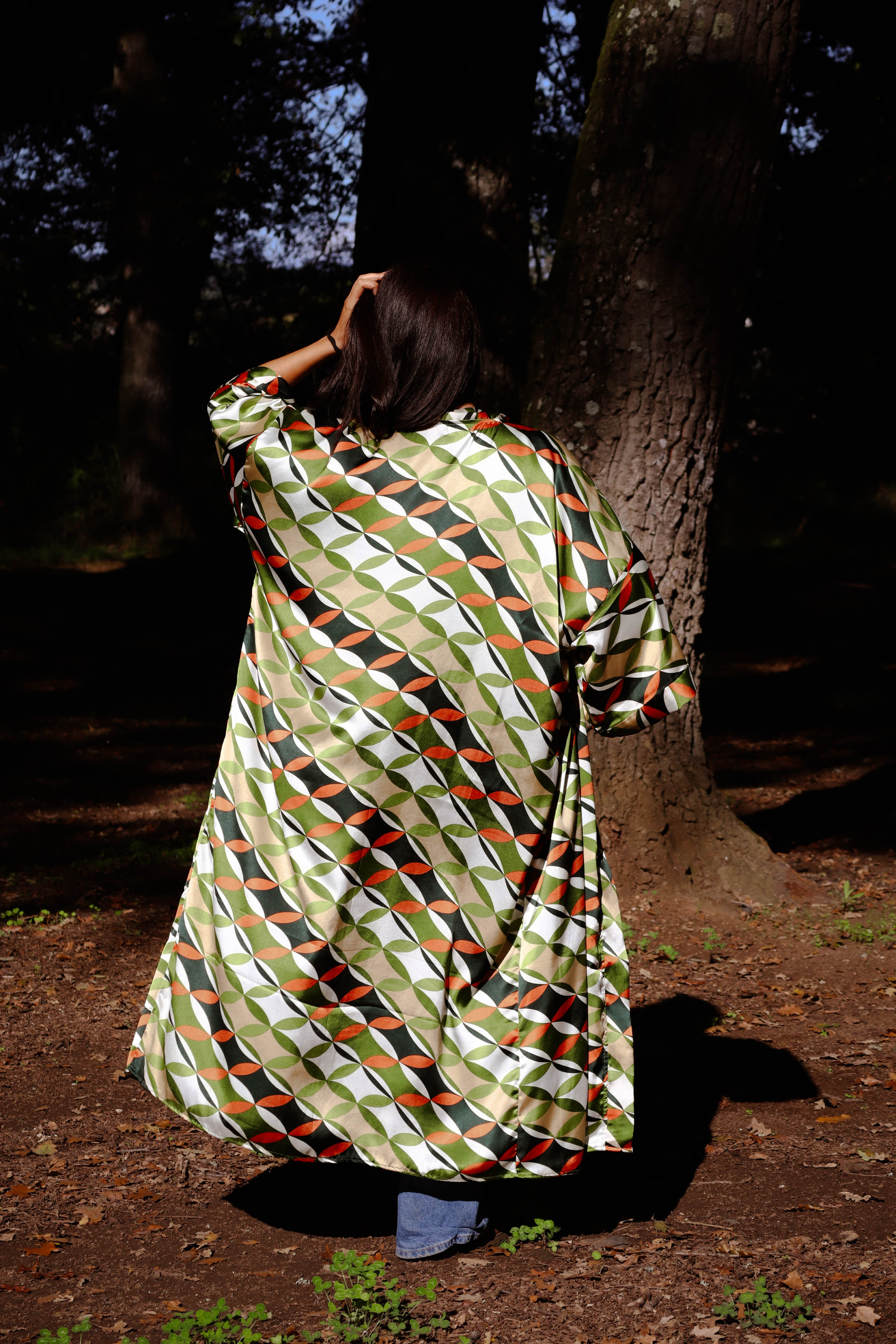 Kimono Seta geometrico zucca e verde