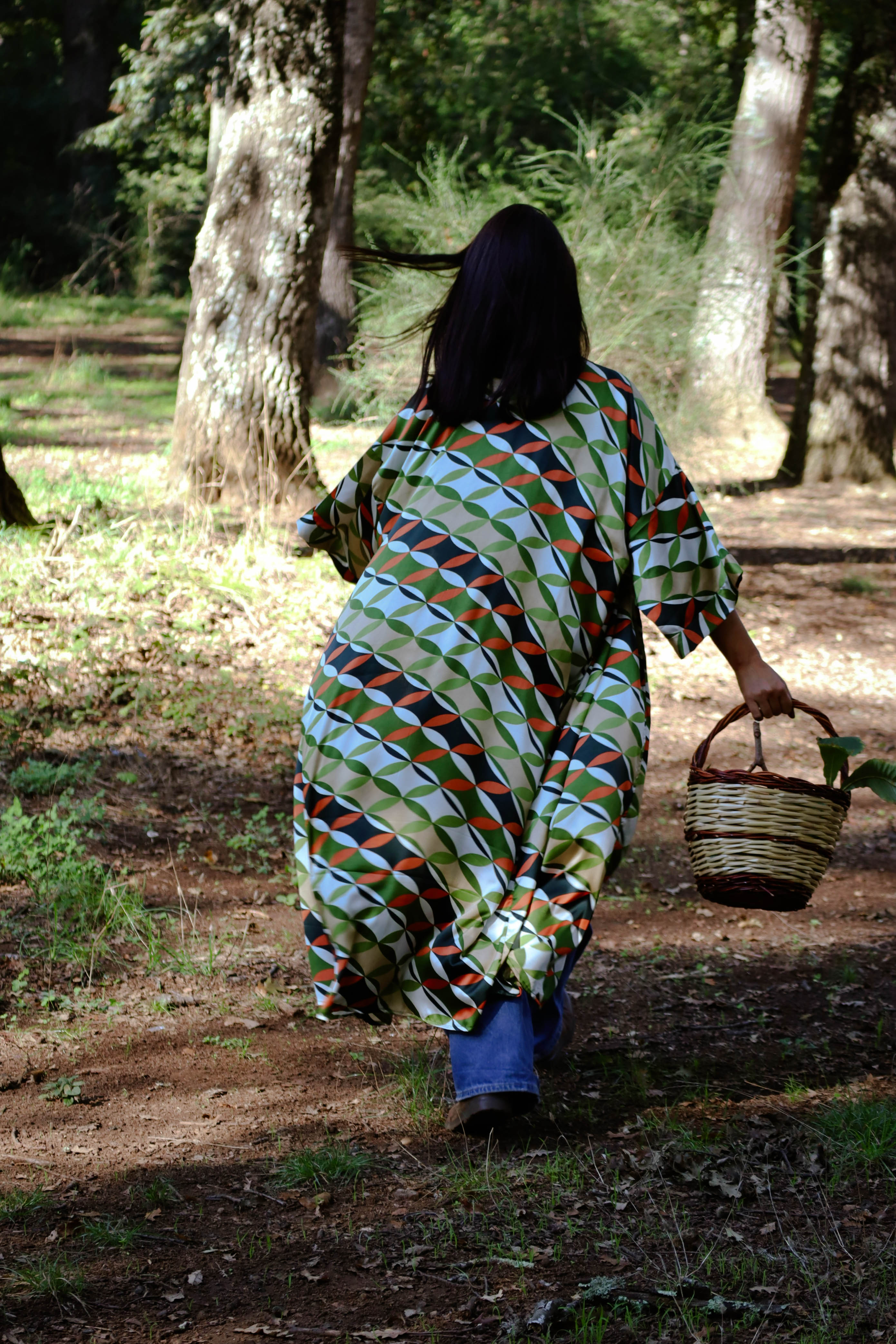 Kimono Seta geometrico zucca e verde