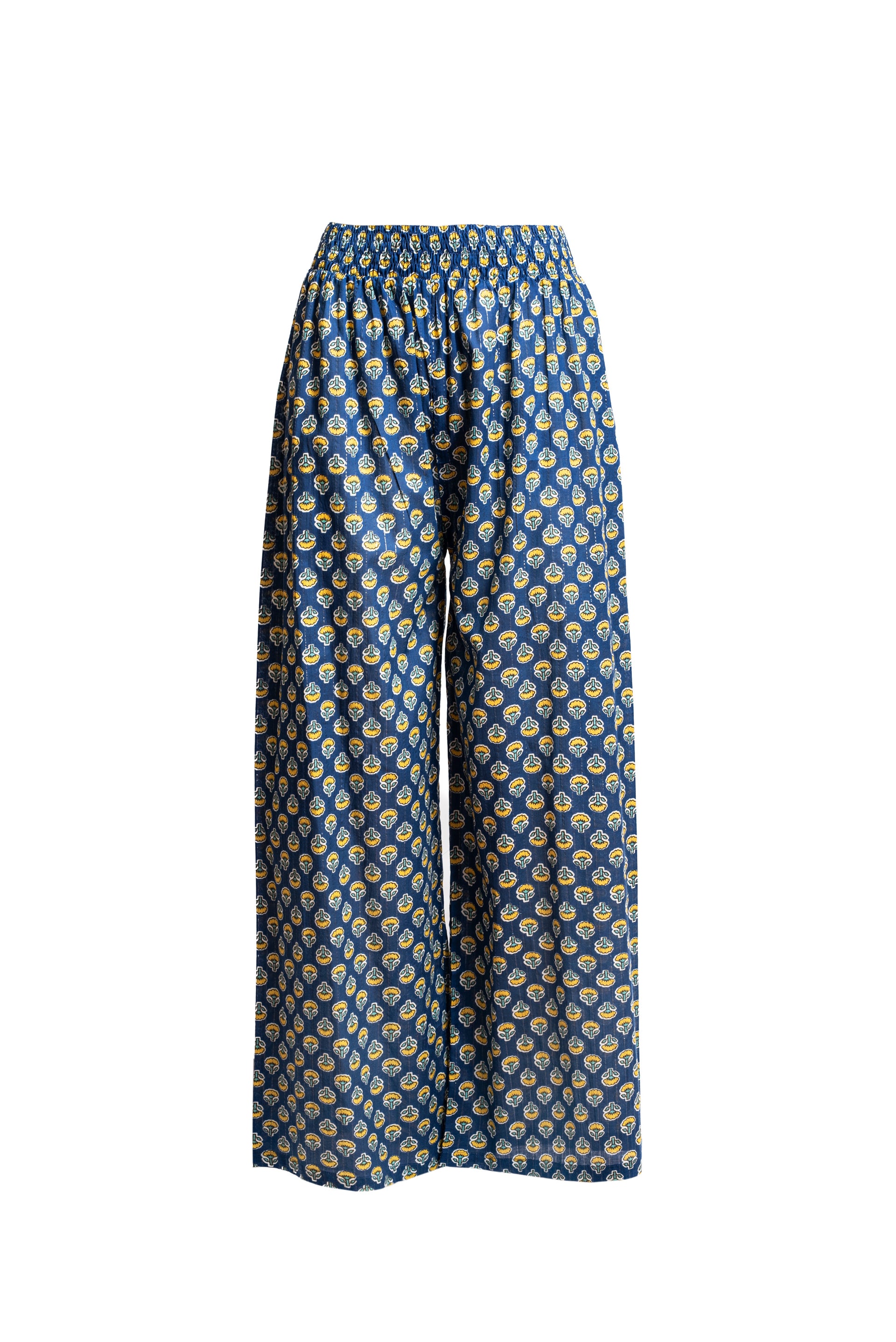 Pantalone Paje gamba palazzo cotone floreale blu polvere
