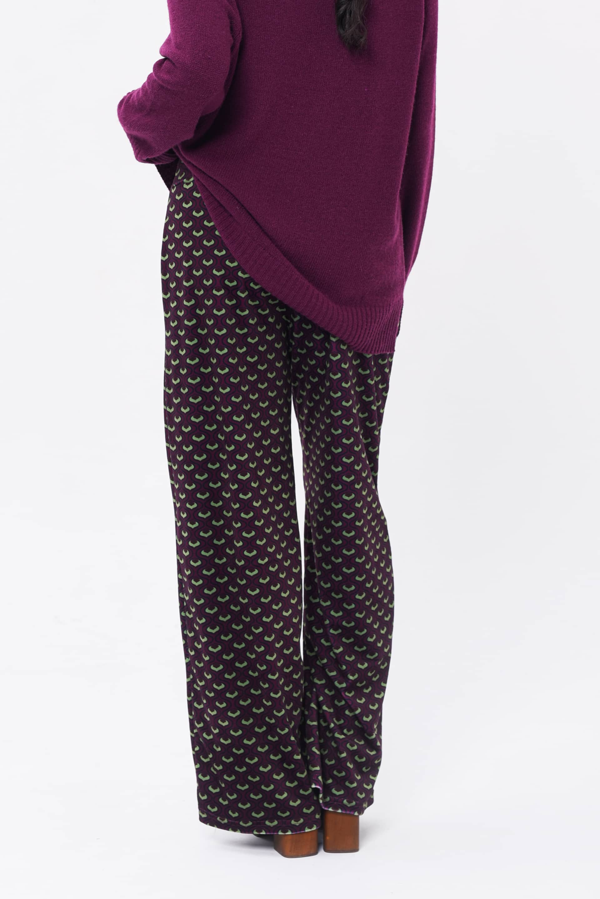 Pantalone palazzo melanzana morbido e soffice jersey vellutina di viscosa elasticizzato 