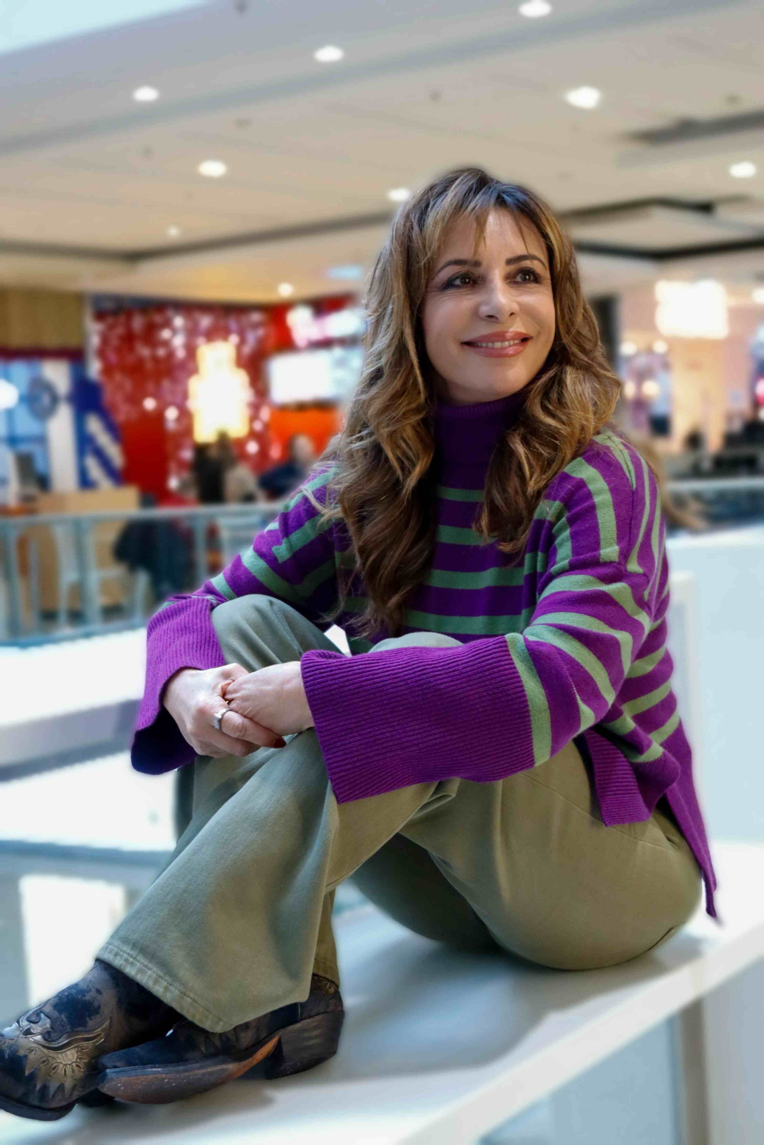 Maglione collo alto a righe viscosa colore Viola e Verde