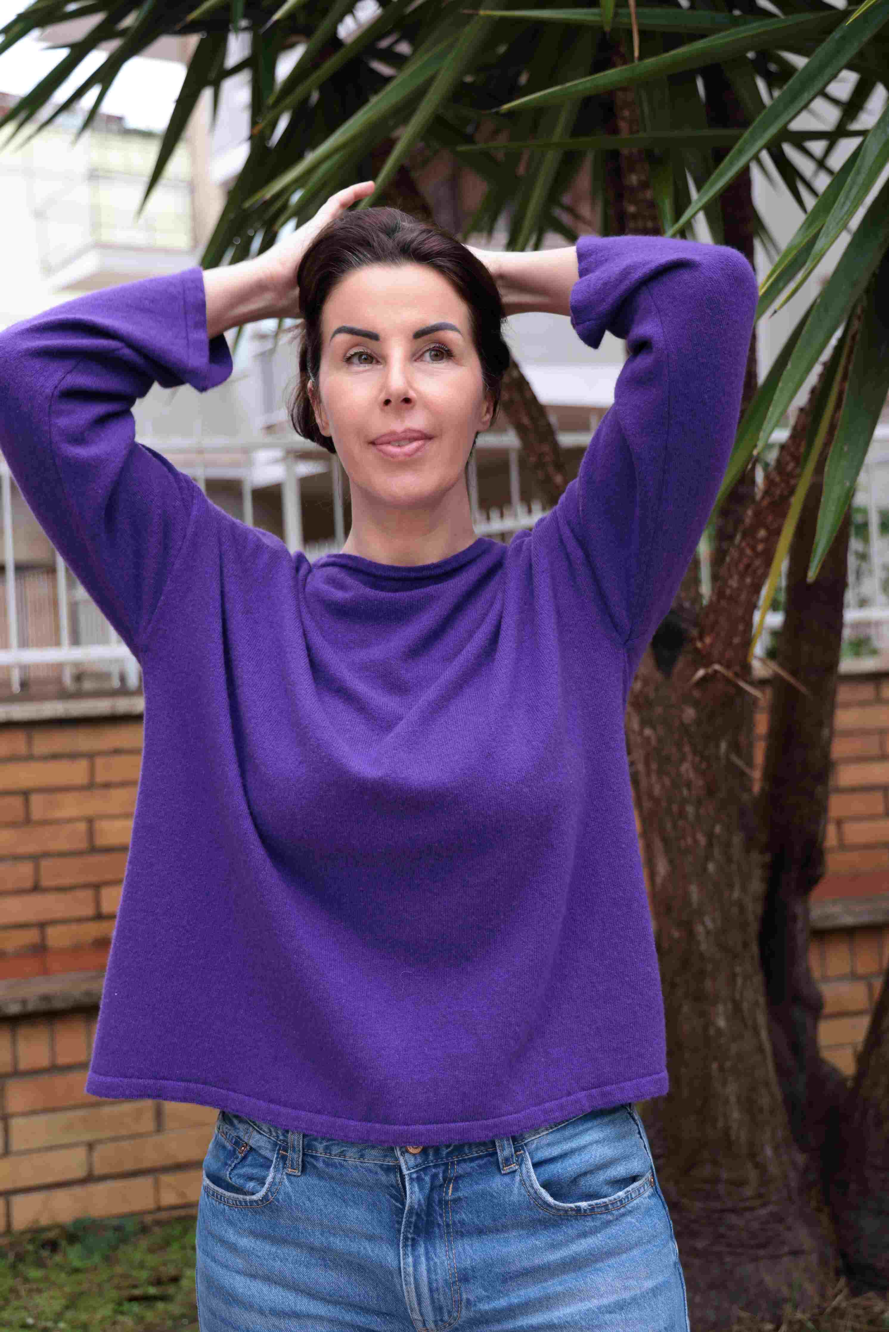 Maglione double face taglio a scatola con bottoni lana e cashmere viola
