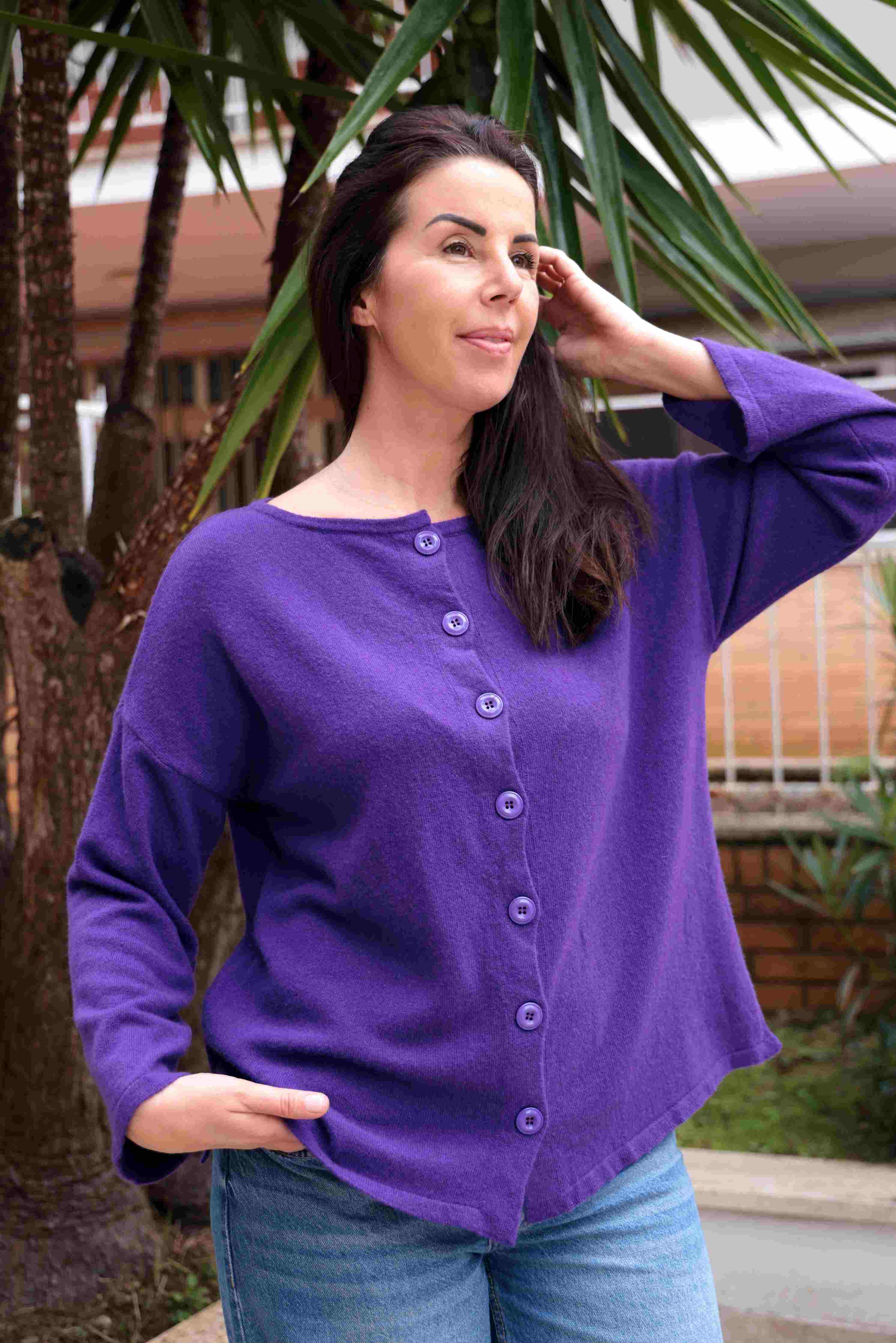 Maglione double face taglio a scatola con bottoni lana e cashmere viola